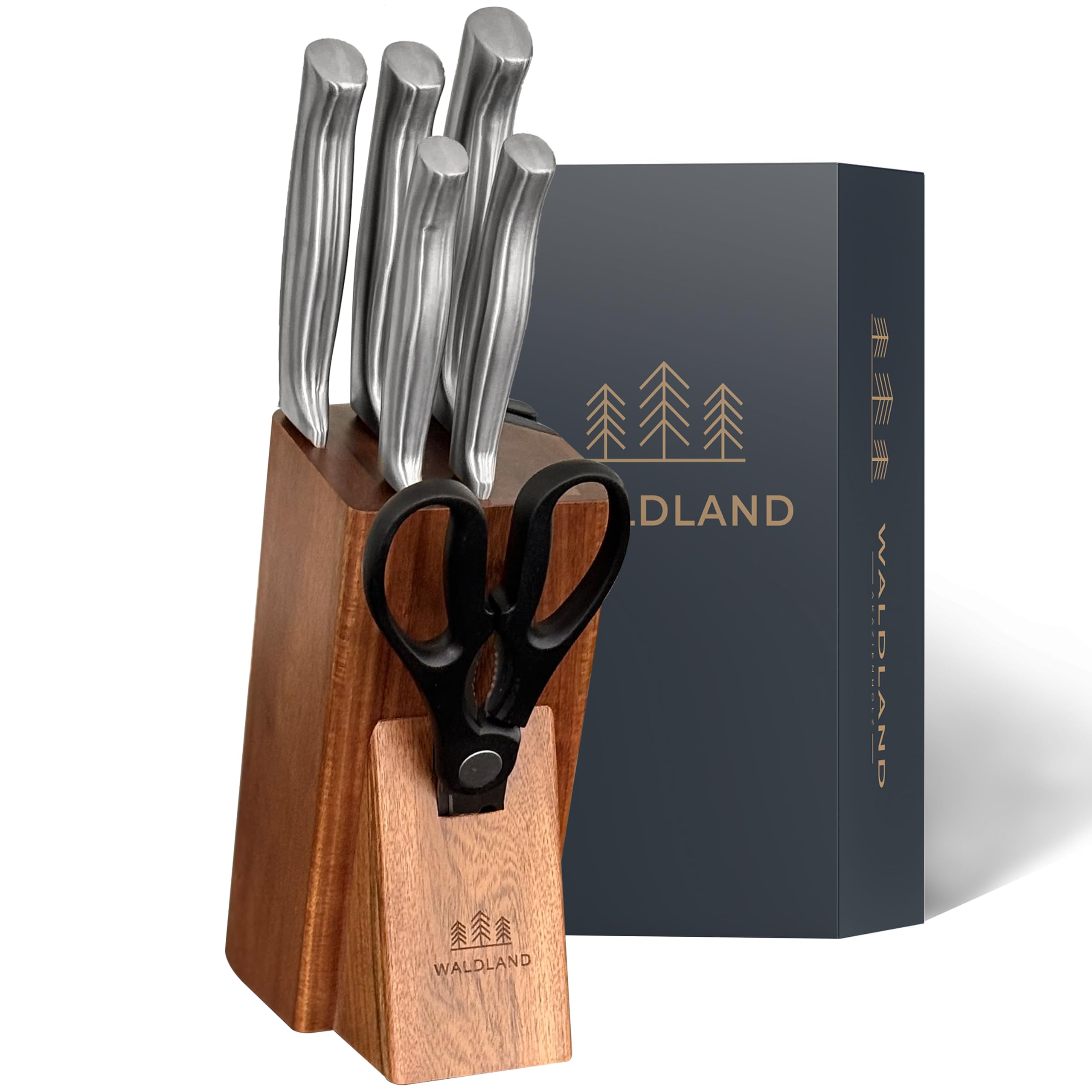 WALDLAND Premium Messerblock mit Messer – 7 teiliges Messerset I Messerblock mit Küchenmesser Set und integriertem Messerschärfer I robustes Akazienholz I Messer Set I Knife Set (Akazienholz)