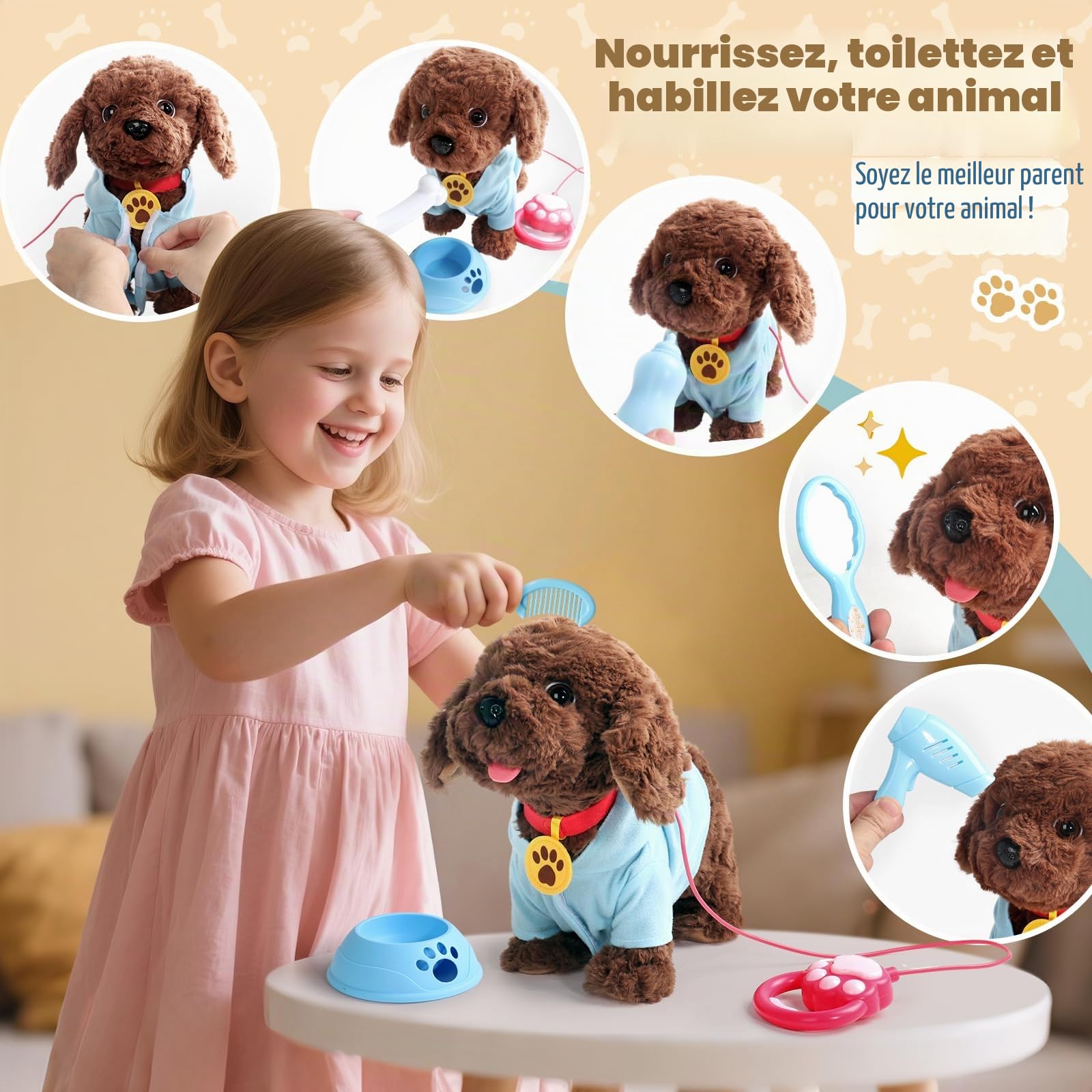 jerryvon Chien Interactif avec Laisse, Chien en Peluche Qui Marche et Aboie, Jouet Chien Robot avec Musique et Répétition Vocale, Cadeau Fille Garçon dès 2 Ans