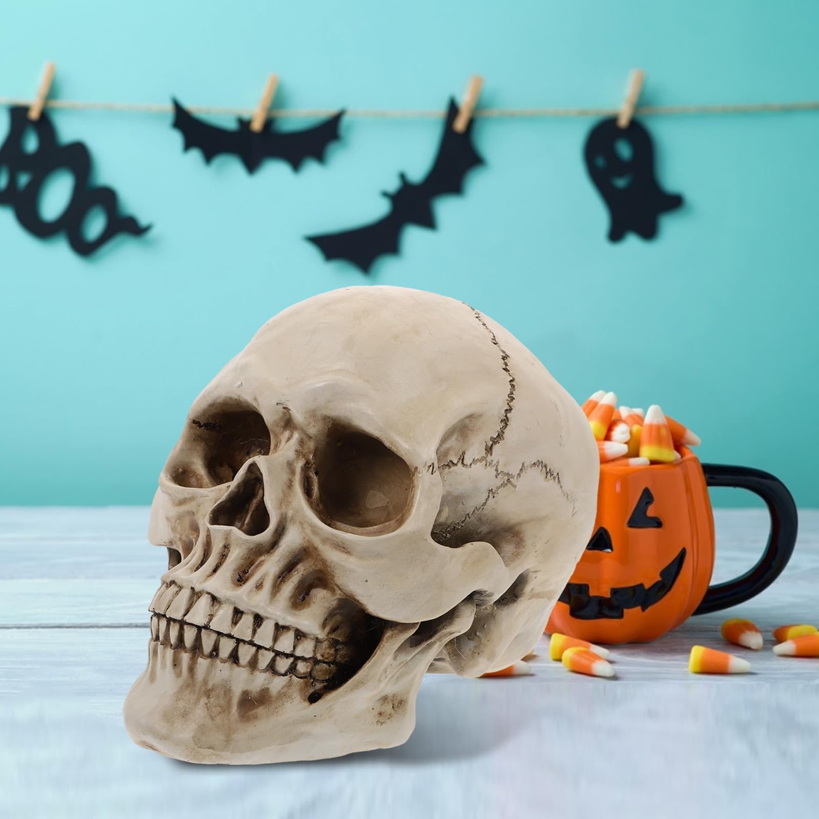 Abaodam 2 Pezzi Decorazione Scheletro Halloween in Resina Bianca 1:1 Teschio Realistico per Atmosfera Spaventosa e Arredamento Delicato da Ufficio o Souvenir