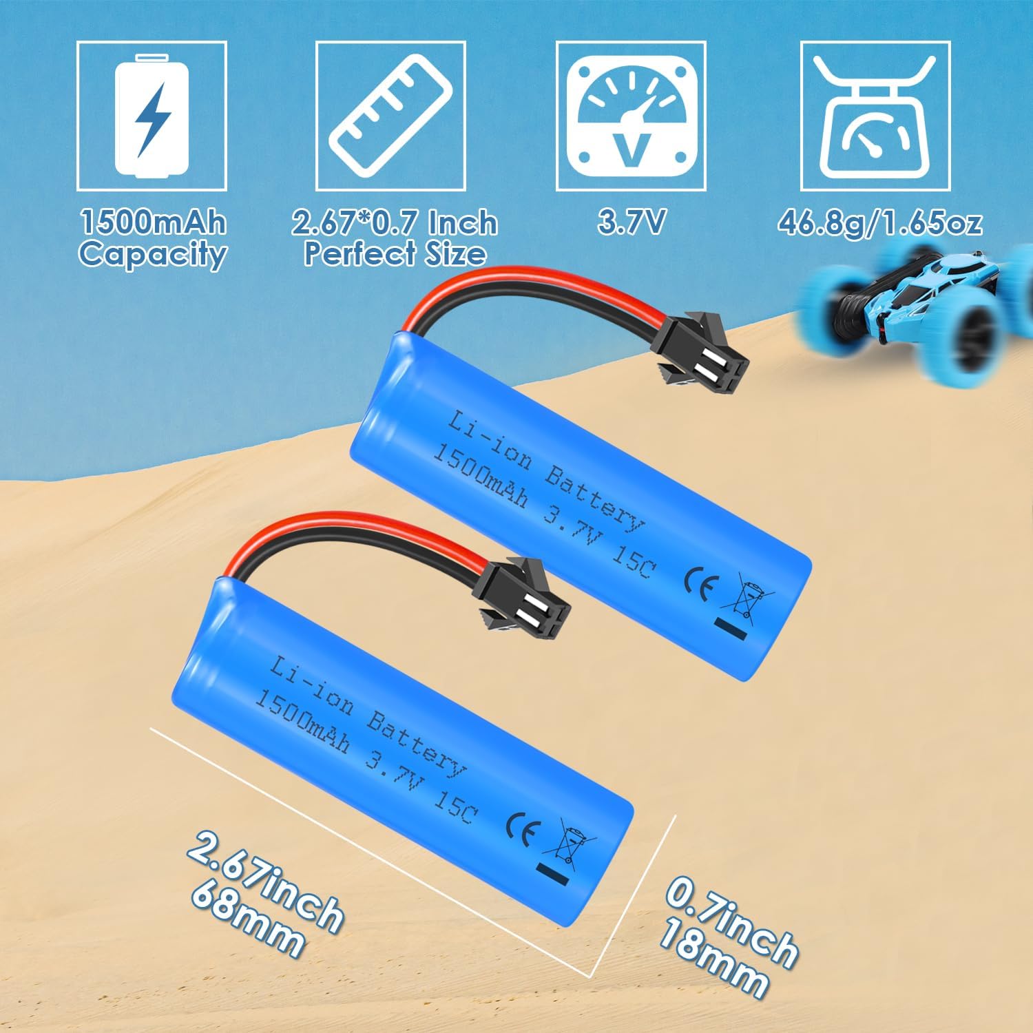 3.7V 1500mAh Li-ion Battery High Capacity 15C High Discharge Rate RC Batteries with USB Charger Cable SM-2P Plug Fit for RC Car Drift Monster Truck Remote Control Car Toy Off-Road Racing