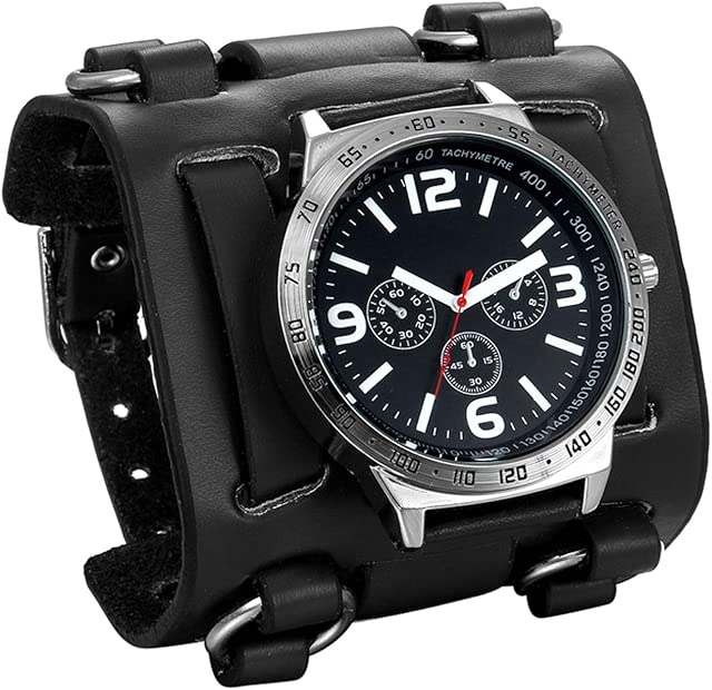 JewelryWe Black Brown Hip-hop Gothic Punk Style Men Watch Wide Leather Fashion Cuff Wristwatch for Valentine’s Day