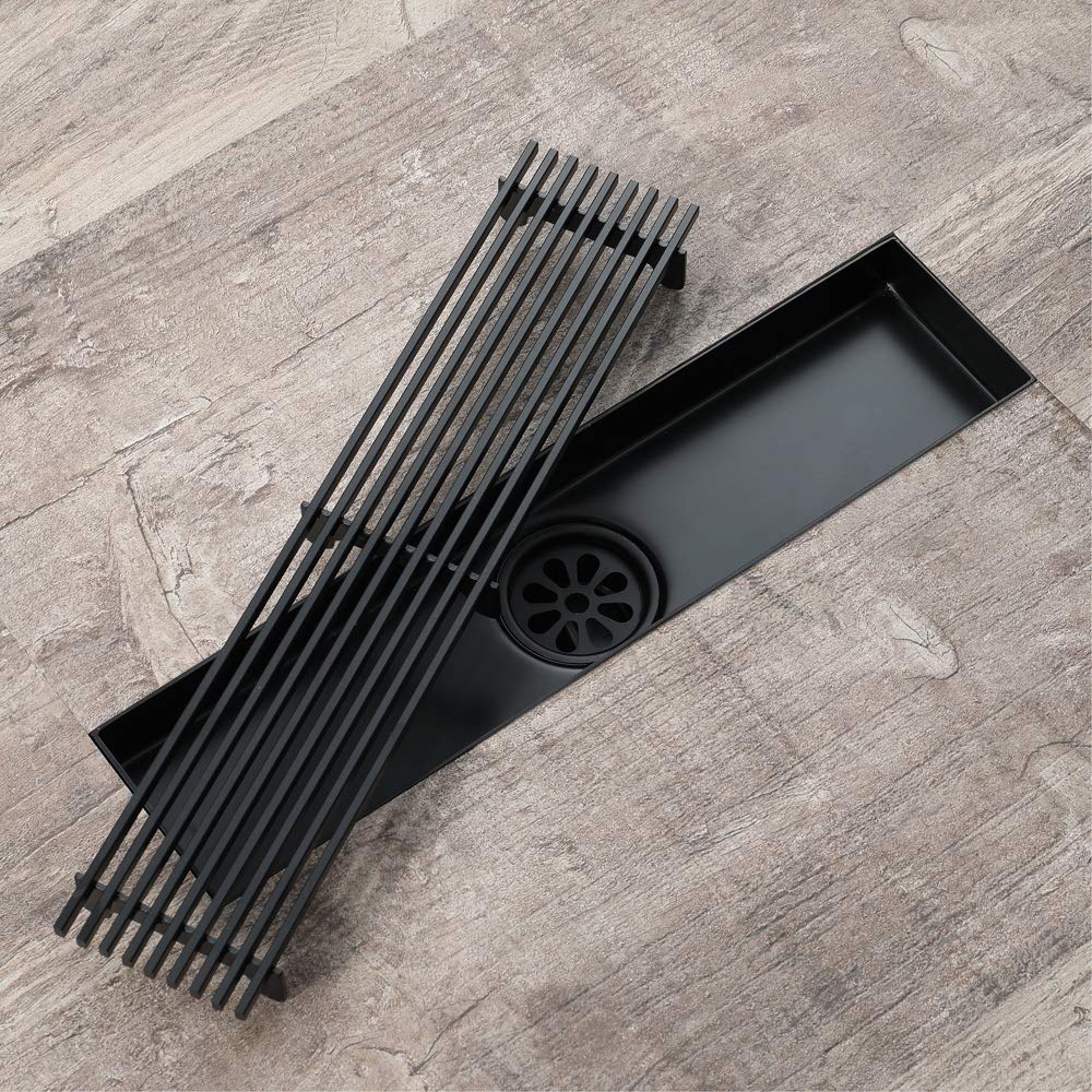 Desagüe Ducha 304 Acero Inoxidable Rectangular Canaleta de Drenaje de Suelo Desodorante Gran Desplazamiento Negro Drenaje de Ducha para Patio, Baño y Cocina, 30×7 cm