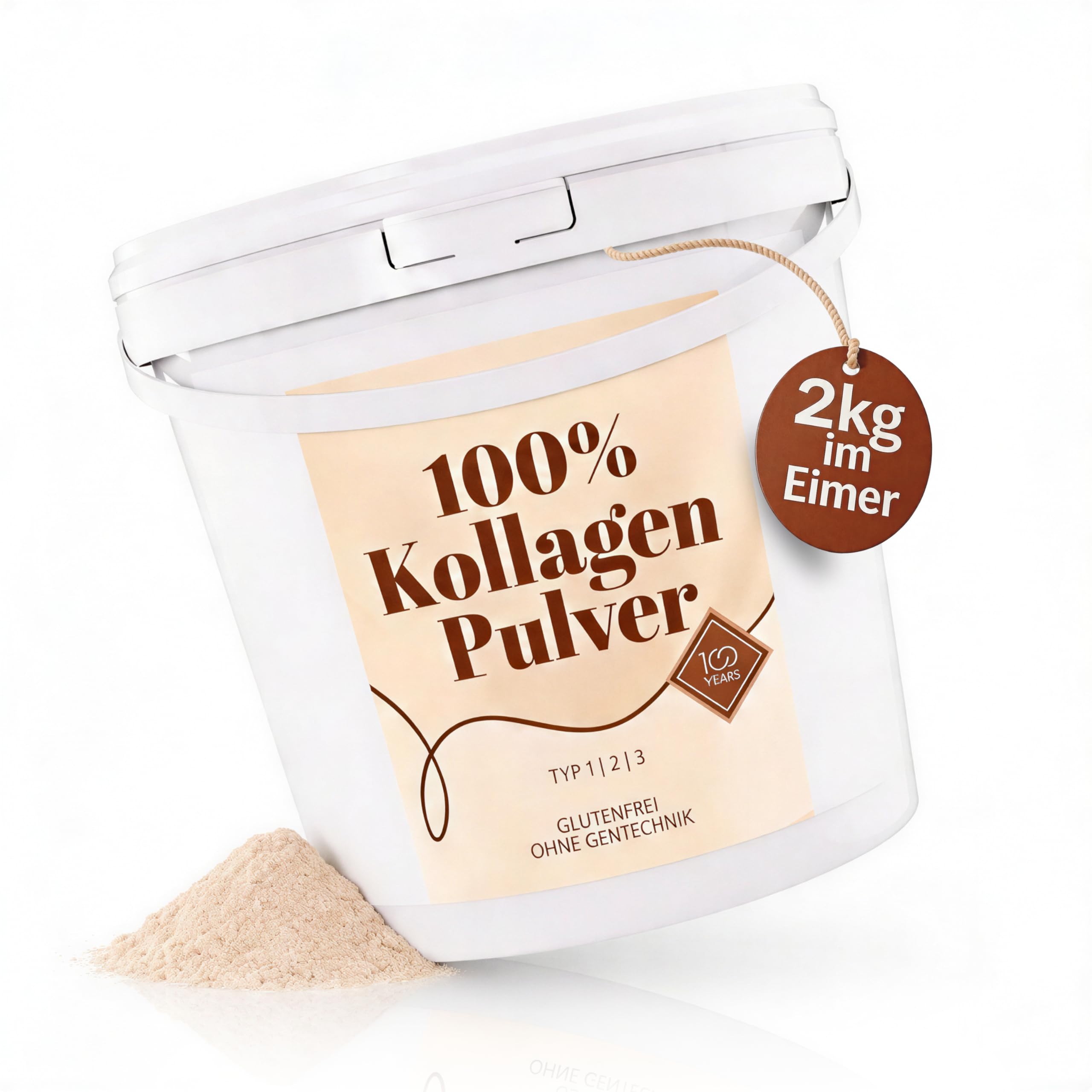Barattolo da 2 kg di collagene in polvere ad alto dosaggio 100years – Collagene in polvere puro al 100%, senza aromi né additivi – Peptidi di collagene di tipo 1, 2 e 3 – Confezionato in Germania