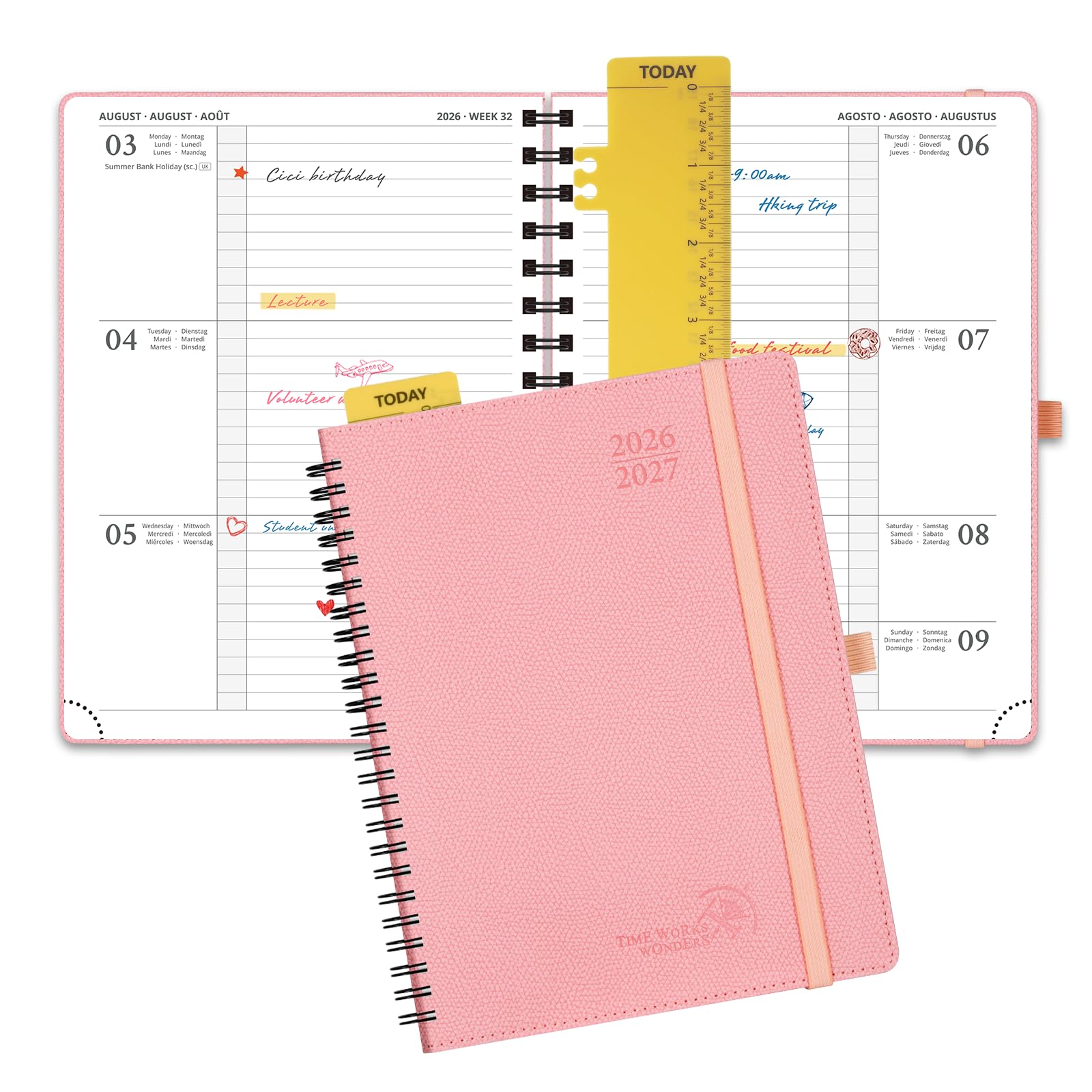 POPRUN 2026-2027 A5 Academic Diary Week to View (22x16.5 cm) Soft Cover Spiral Horizontal Weekly Planner 17 Months (Aug'26 - Dec'27) Mid Year 26/27(Soft Pink)