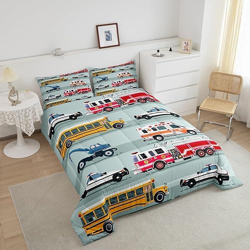 Miniatura 4 de Erosebridal Juego de edredón para niños, camión de bomberos, camión de bomberos, tamaño matrimonial, edredón acolchado de vehículo de policía, Color
