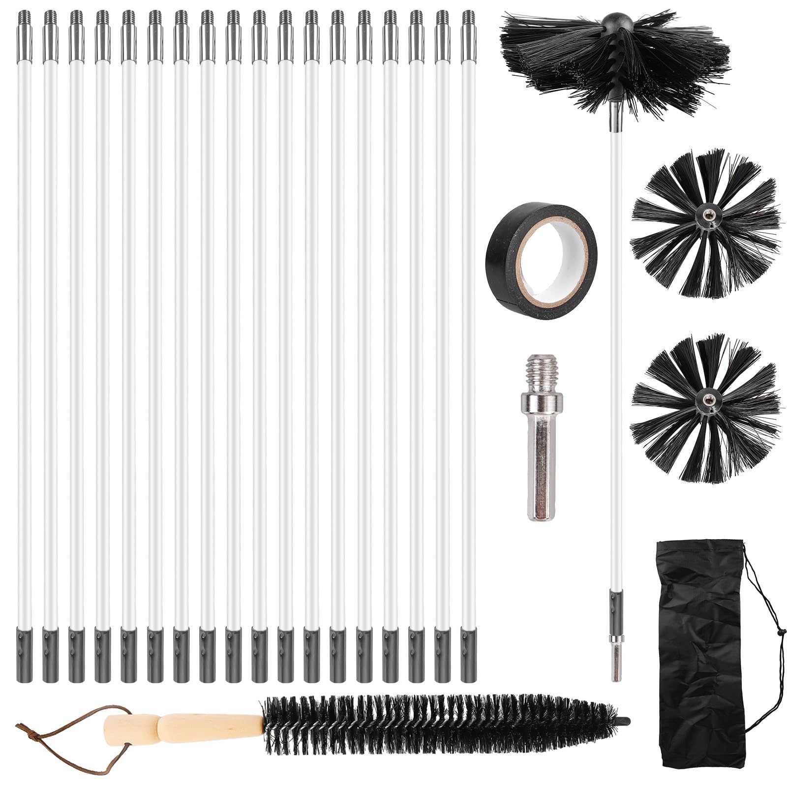 24PCS Kit de brosse pour cheminée : brosse à cheminée de 150 mm, kit de brosses de nettoyage de cheminée avec 18 tiges flexibles de 410 mm + 2 têtes de brosse de 150 mm + 1 brosse en bois longue +