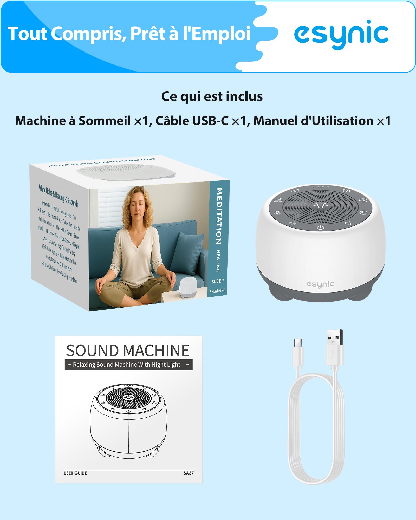 eSynic Machine à Bruit Blanc Bébés Adultes 38 Sons Apaisants Bol de Chantant Tibétain Rechargeable 8 Sons de Bol Volume Couleur Réglable Fonctions Mémoire Minuterie pour Sommeil Yoga Gestion du Stress