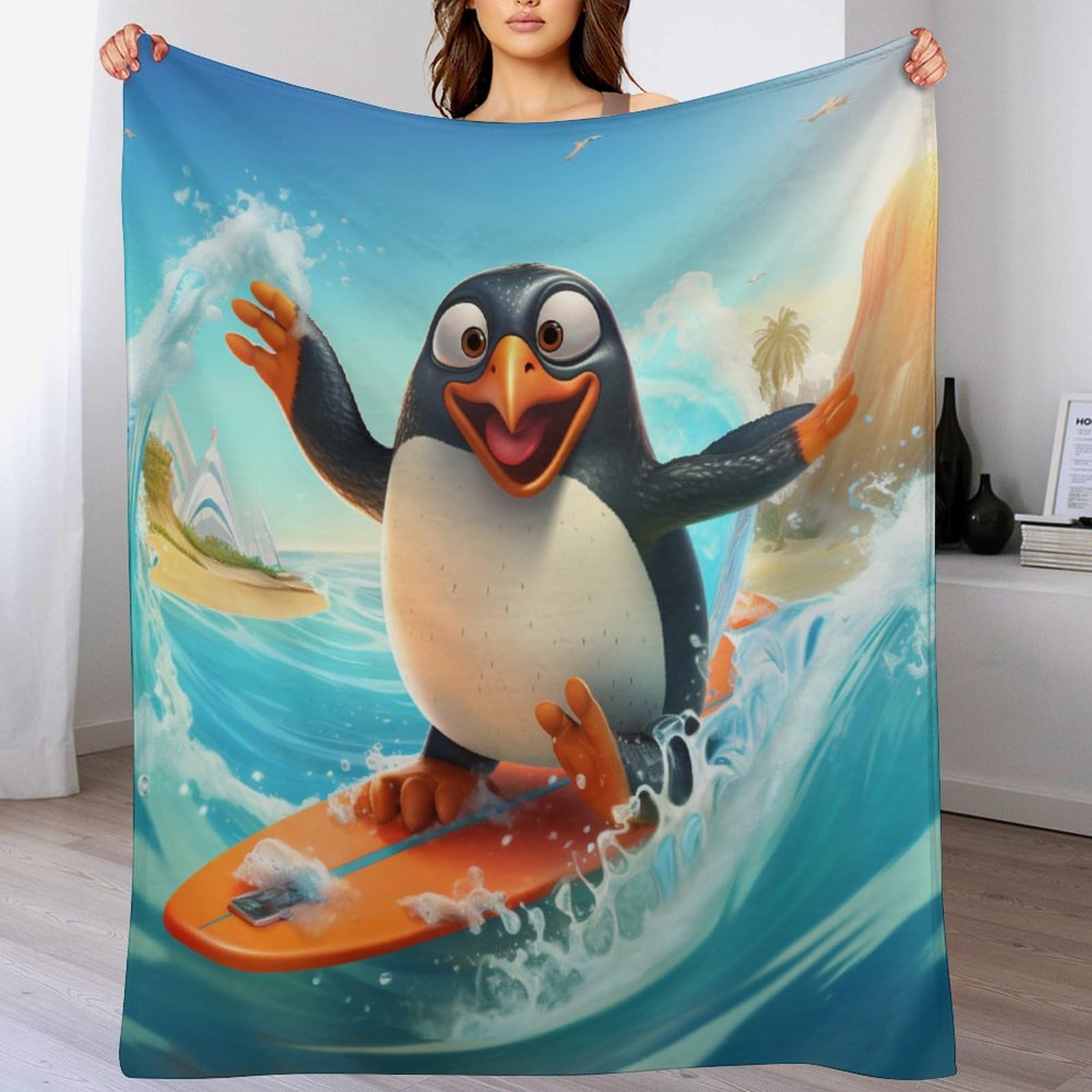 Couverture De À Chaud À Jet Polaire Pingouin Surfeur Idéal Pour Soirée Canapé Cocooning