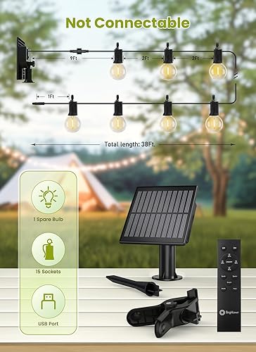 Miniatura 5 de Brightown Guirnalda de luces solares para exteriores, impermeables, con bridas y ganchos remotos, luces de patio de 38 pies con 15 bombillas LED