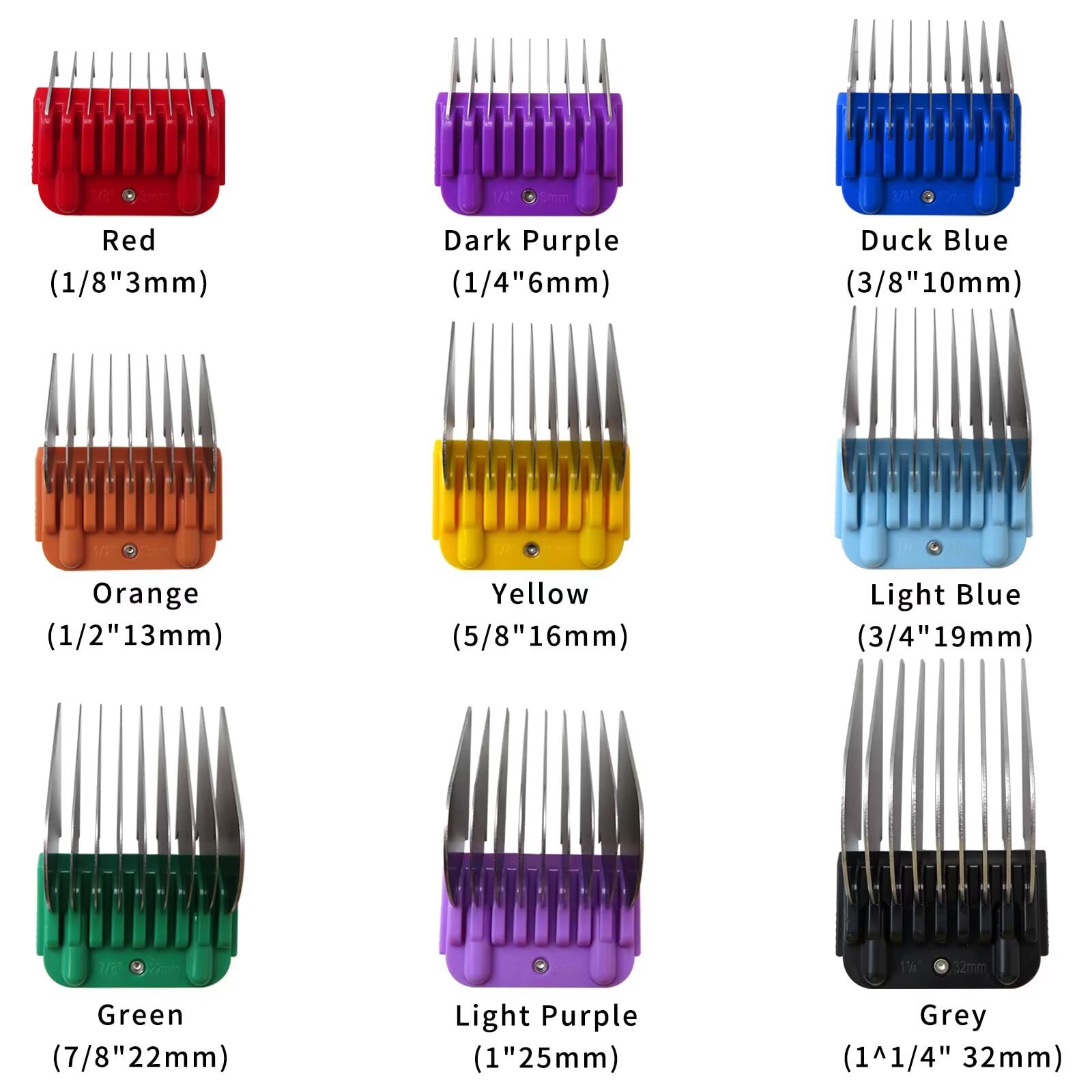 Hair Clipper Guide Combs 3/6/10/13/16/19/22/25/32mm 9 Color Replacement Suitable for Oster’s,Wahl’s and Andis’ most of Detachable-style Clippers (ONLY Snap on Size #10/15/30)
