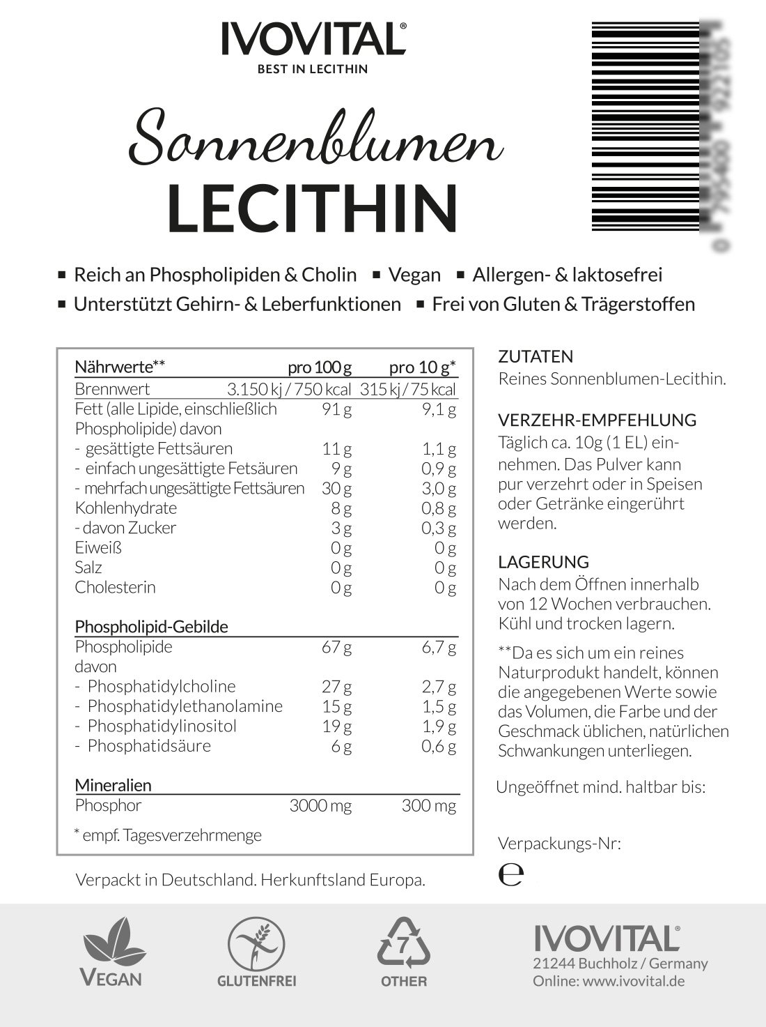 Sonnenblumen Lecithin Pulver, IVOVITAL® (allergenfrei und gvo-frei) (300 g)