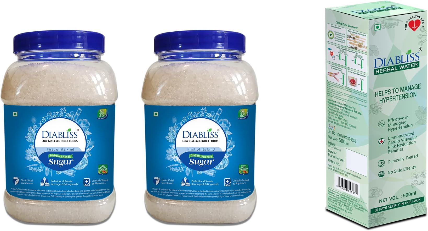Diabliss Diabetic Friendly Sugar 1Kg Jar Pack of 2 and Hypertension Management Herbal Water 500ml - Low Glycemic Index (GI)