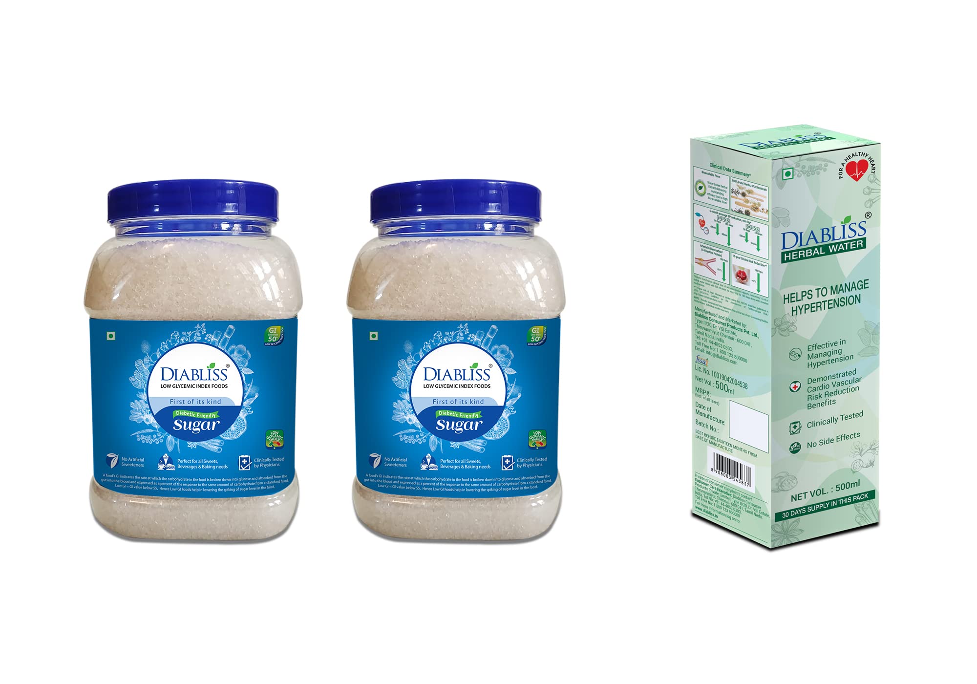 Diabliss Diabetic Friendly Sugar 1Kg Jar Pack of 2 and Hypertension Management Herbal Water 500ml - Low Glycemic Index (GI)