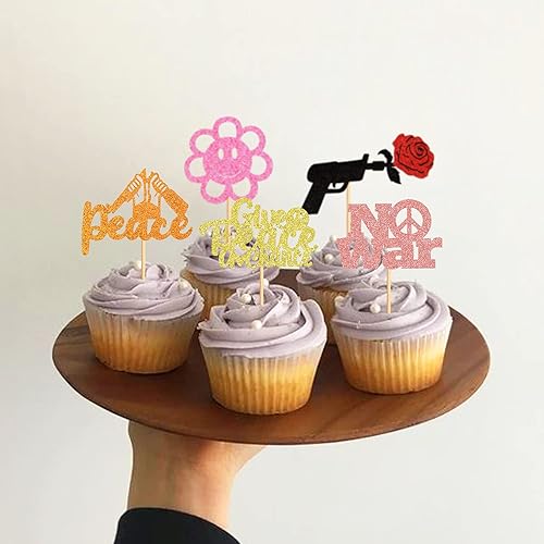 Miniatura 6 de Ercadio Paquete de 24 adornos para cupcakes de mano con diseño de símbolo de la paz con purpurina dorada para cupcakes de 2 cumpleaños para 2 fiesta