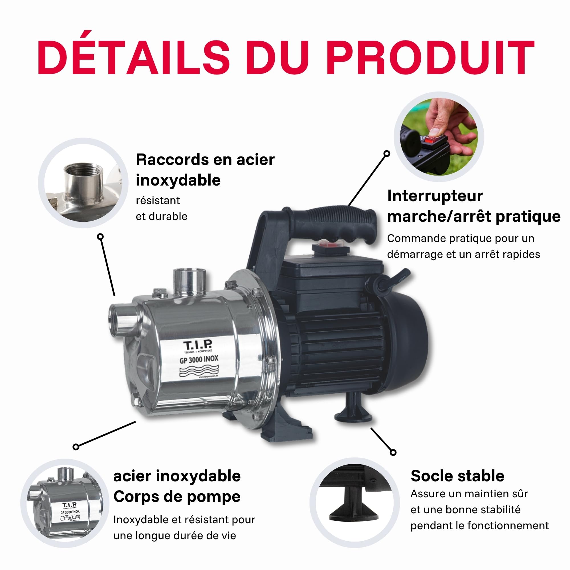T.I.P. GP 3000 Pompe de Jardin en Acier Inoxidable Débit 2950 l/h Hauteur de Refoulement 42 m Pression d'Eau 4,2 bar Puissance 550 W avec Protection Thermique contre les Surcharges Couleur Argent Noir