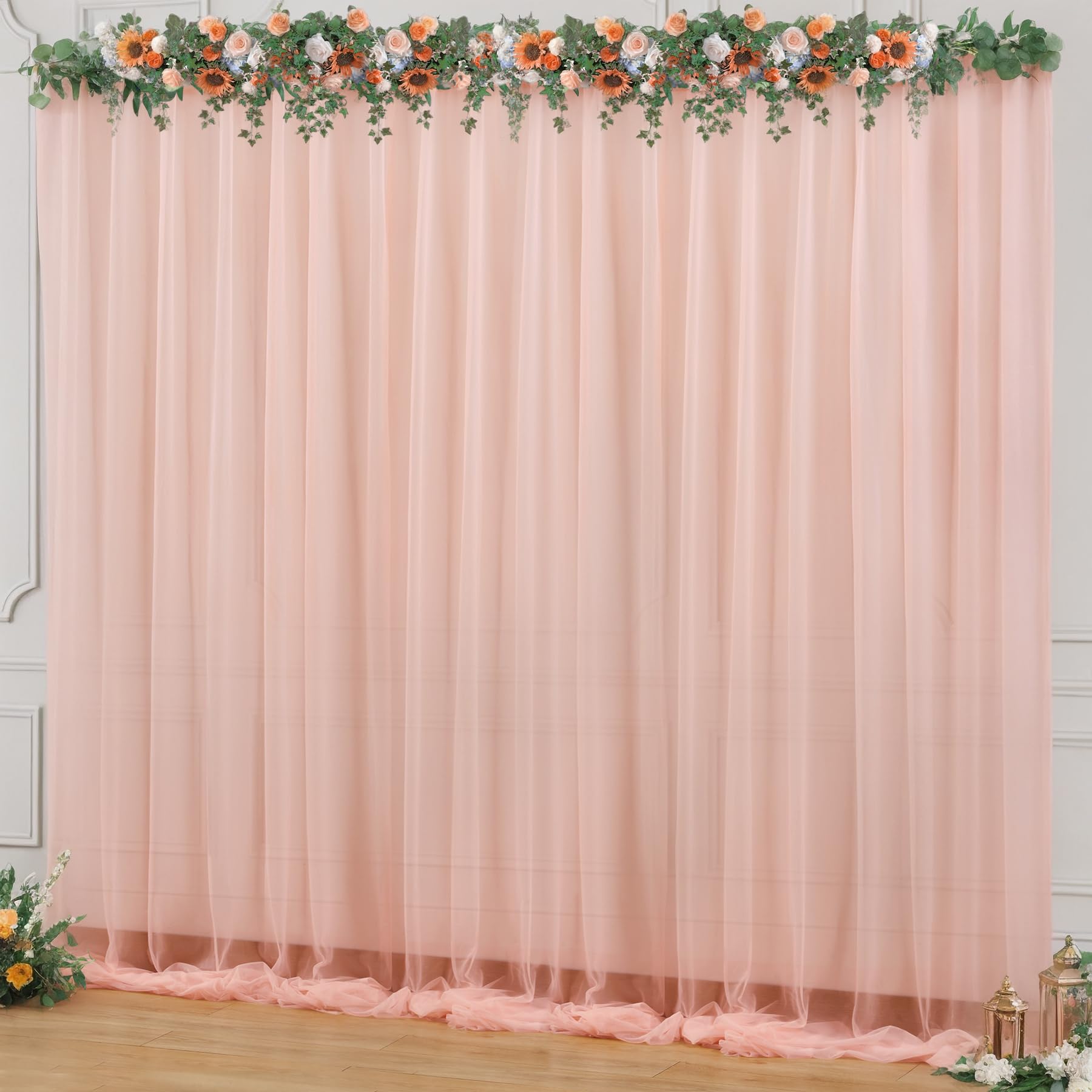 10x10ft Peach Tulle Backdrop Curtain for Parites, Sheer Backdrop Curtains for Wedding Baby Shower Birthday Party Photo Shoot Decorations