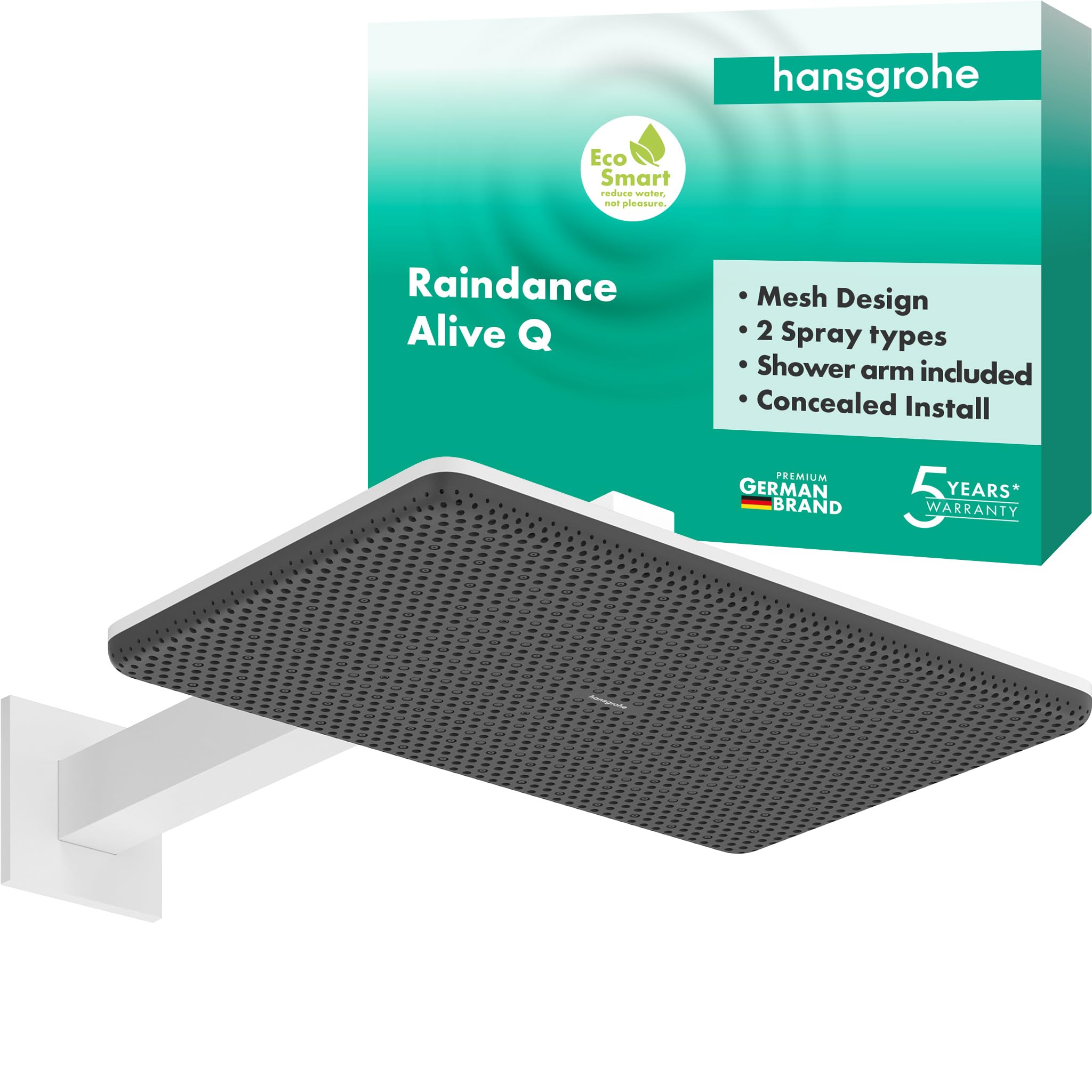 hansgrohe Raindance Alive Q 24550700 – słuchawka prysznicowa z ramieniem prysznicowym (340 x 210 mm), deszczownica z 2 rodzajami strumienia do montażu na ścianie, głowica prysznicowa z funkcją