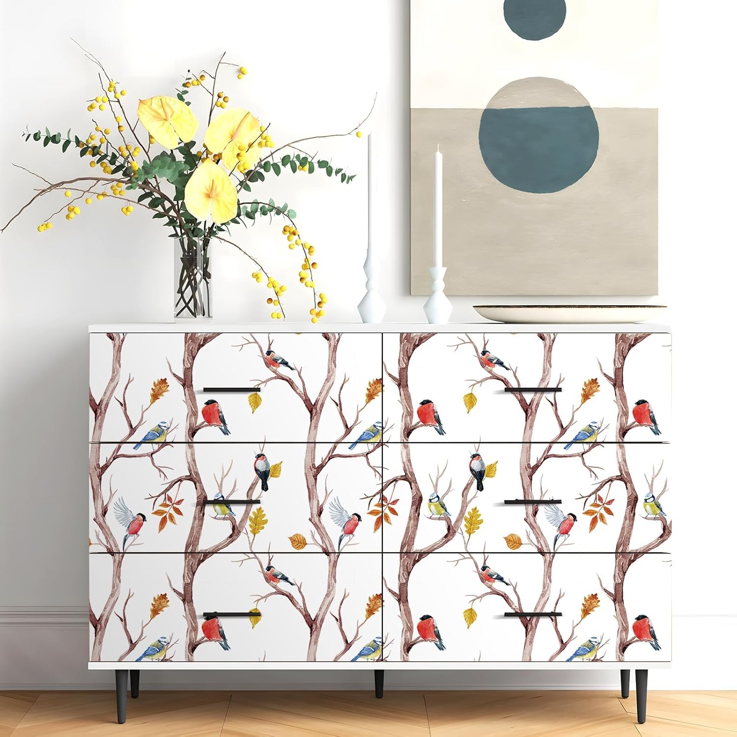 Yenhome 17.7"X276" Charming Bird Wallpaper Bird Contact Paper Peel and Stick Wallpaper Modern White Wallpaper for Bedroom Kitchen Cabinets Removable Wallpaper for Renters Self Adhesive Bird Wall Paper