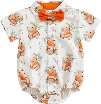 Karuedoo Newborn Baby Boy Easter Outfit Dress Shirt Bodysuit with Bowtie Button Down Short Sleeve Romper One-Piece Outfit