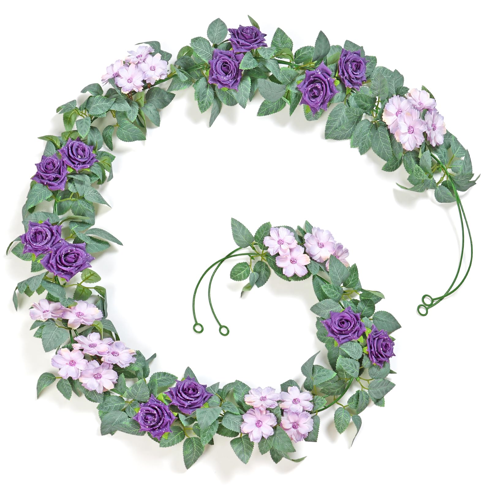 KHOYIME Artificial Flower Garland 2 Pack Fake Purple Roses Vines, Faux Silk Hanging Flowers Garlands Outdoor Floral Greenery Ivy Wall Decoration for Wedding Arch Table Bedroom Home Room Backdrop Decor