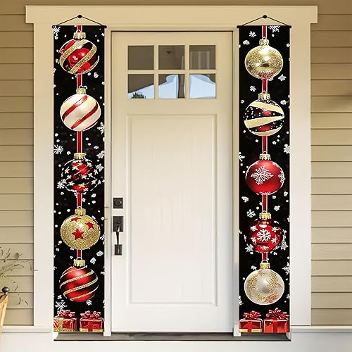 Pancartas navideñas para porche de 71 x 12 pulgadas, pancarta colgante de bola roja y dorada, decoración de fondo de copo de nieve negro, letreros
