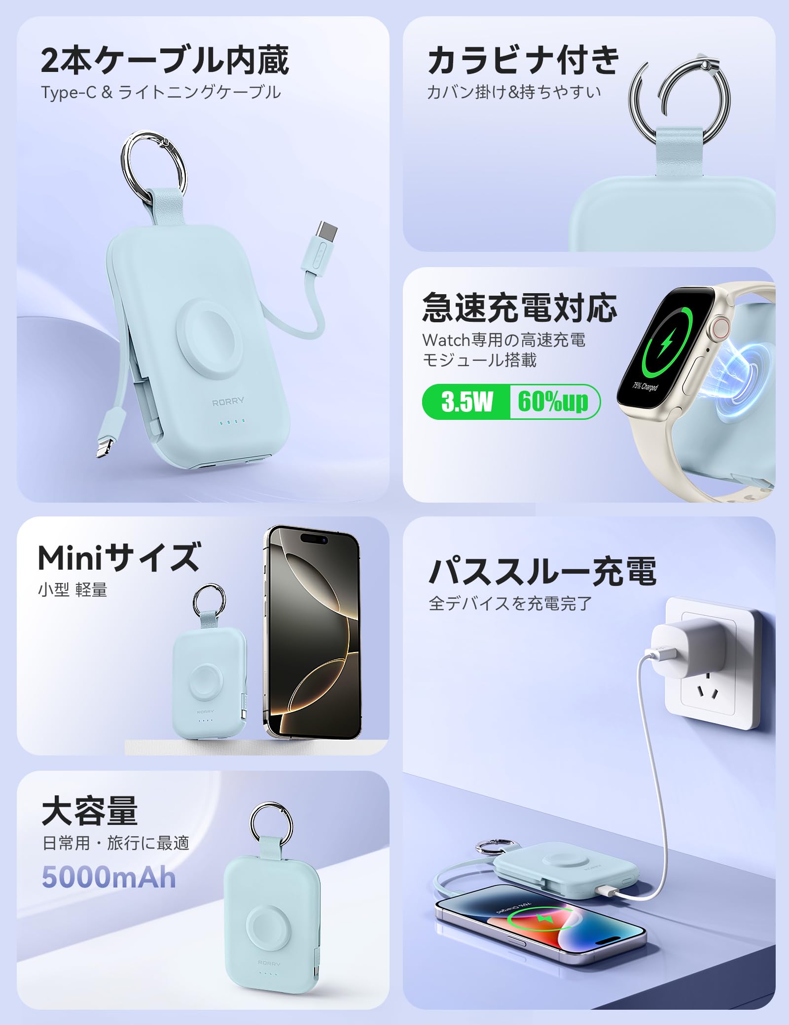 Amazon | 【新色登場】RORRY モバイルバッテリー apple watch 充電器 
