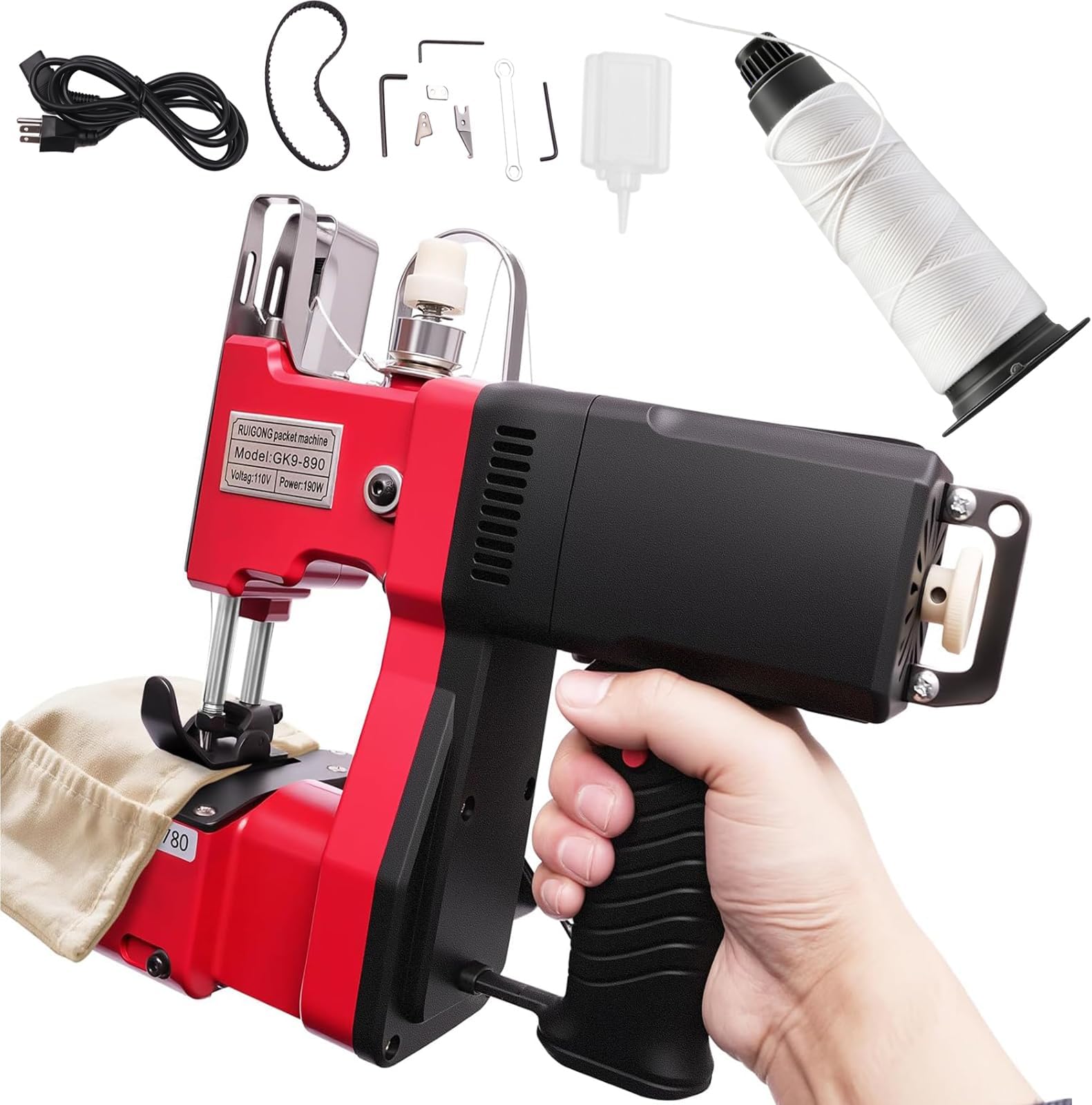 Heavy Duty Bag Sewing Machine, 1,800 Stitches Industrial Canvas Stitching Closer, 6MM Maximum thickness GK9-890 Portable 110V Bag Sewing-Equipment 15000RPM with Accessory Kit, Red