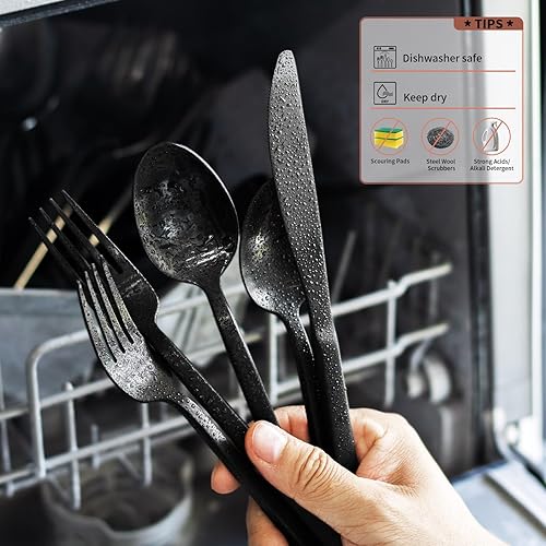 Miniatura 7 de Alata Cube Black - Juego de cubiertos forjados de acero inoxidable de 20 piezas, servicio para 4 personas, acabado satinado mate, apto para