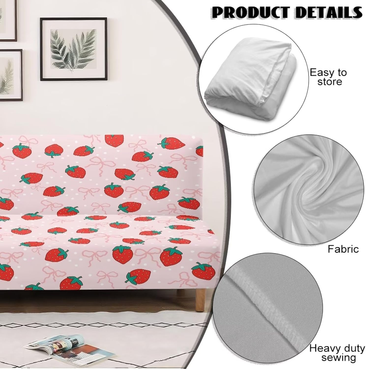 Suobstales Strawberry Bow Pattern Futon Slipcover Armless Sofa Cover Stretch Furniture Protector for Foldable Couch Bed with Elastic Bottom for Living Dining Room