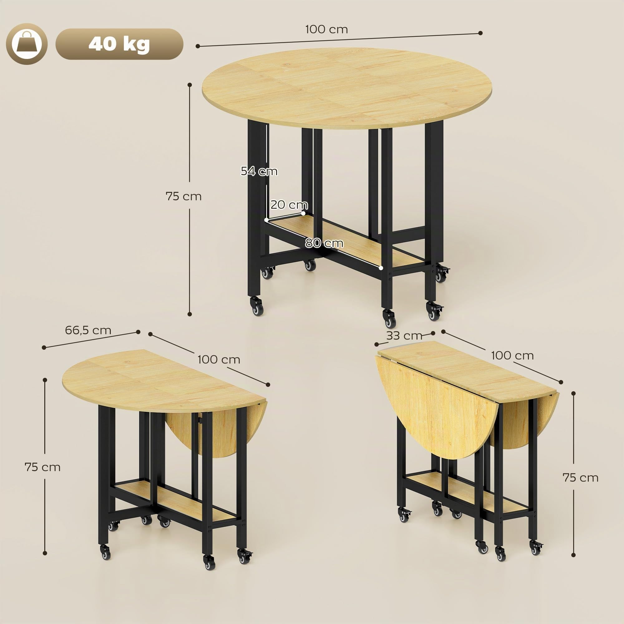 HOMCOM Mesa Plegable sobre Ruedas Redonda 100 x 100 x 75 cm Roble | Mesa de cocina para 4, 2 hojas abatibles, estante inferior, espacios pequeños, comedor