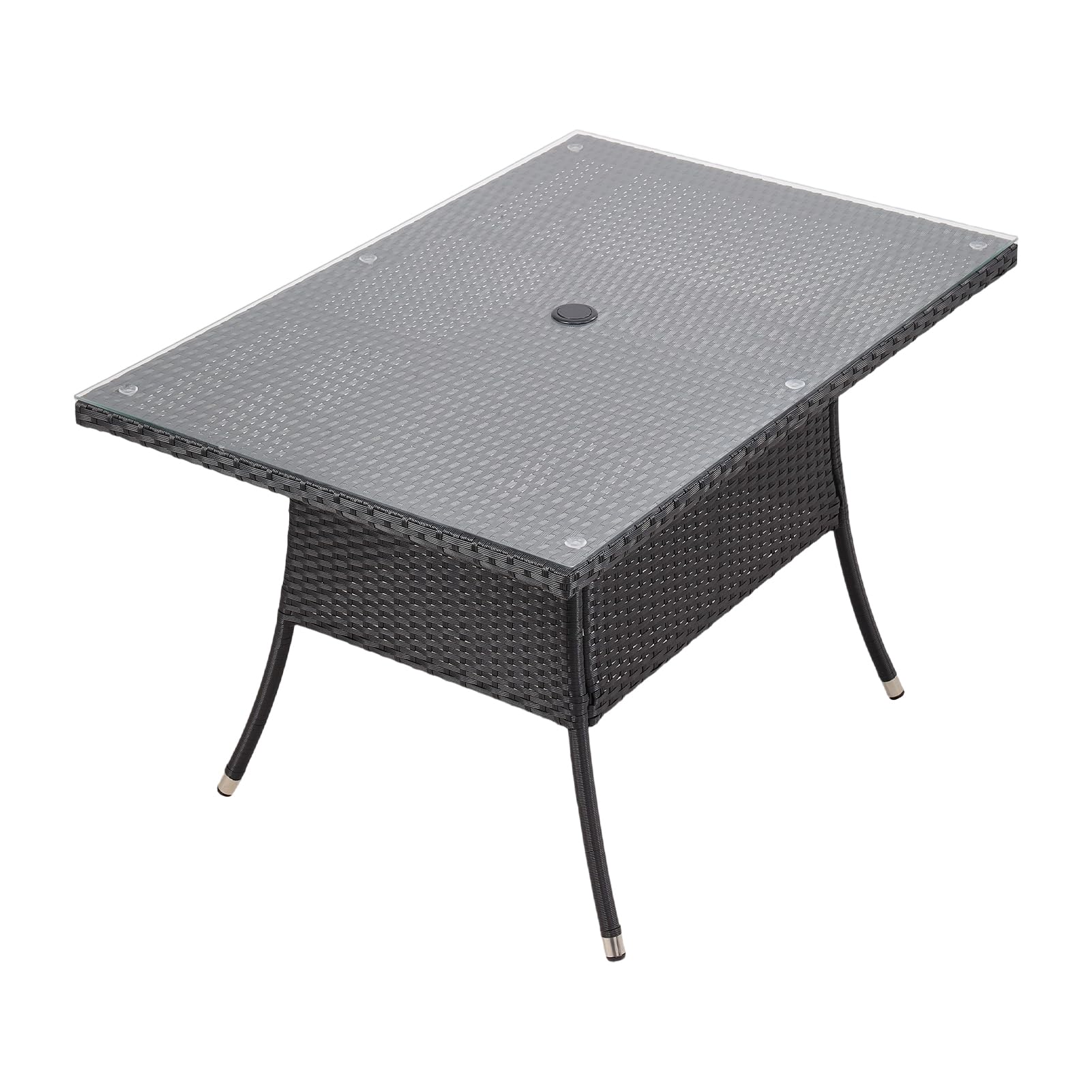 Warmiehomy Rattan Garden Table 120x80cm Outdoor Dining Table with Tempered Glass Tabletop Wicker Patio Tables with Parasol Hole Black Outdoor Side Tables โ image 1