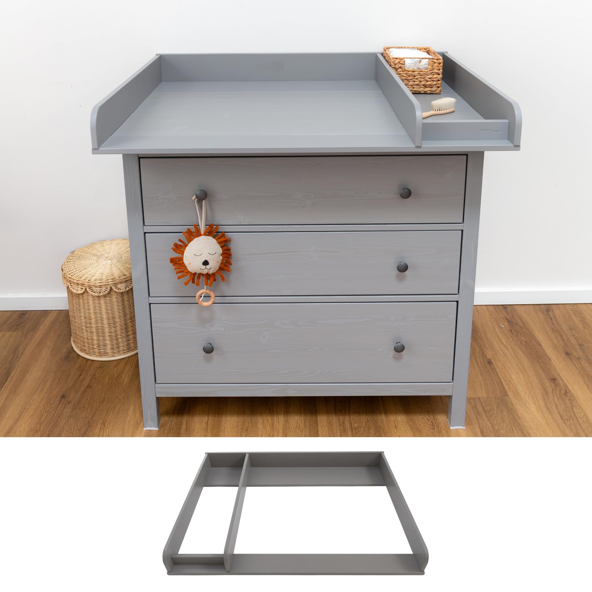 Wickelaufsatz für IKEA HEMNES Kommode - Grau, 108cm | Mit Trennfach, 100% MDF · Kommode nach der Wickelzeit normal weiternutzbar
