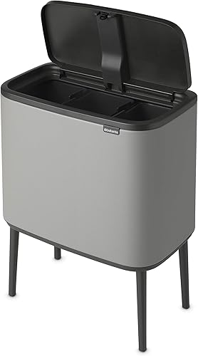 Miniatura 4 de Brabantia Bo - Cubo de basura de 3 cubos interiores de 3 galones (gris concreto mineral) cubo de basura para reciclaje, compartimentos extraíbles +