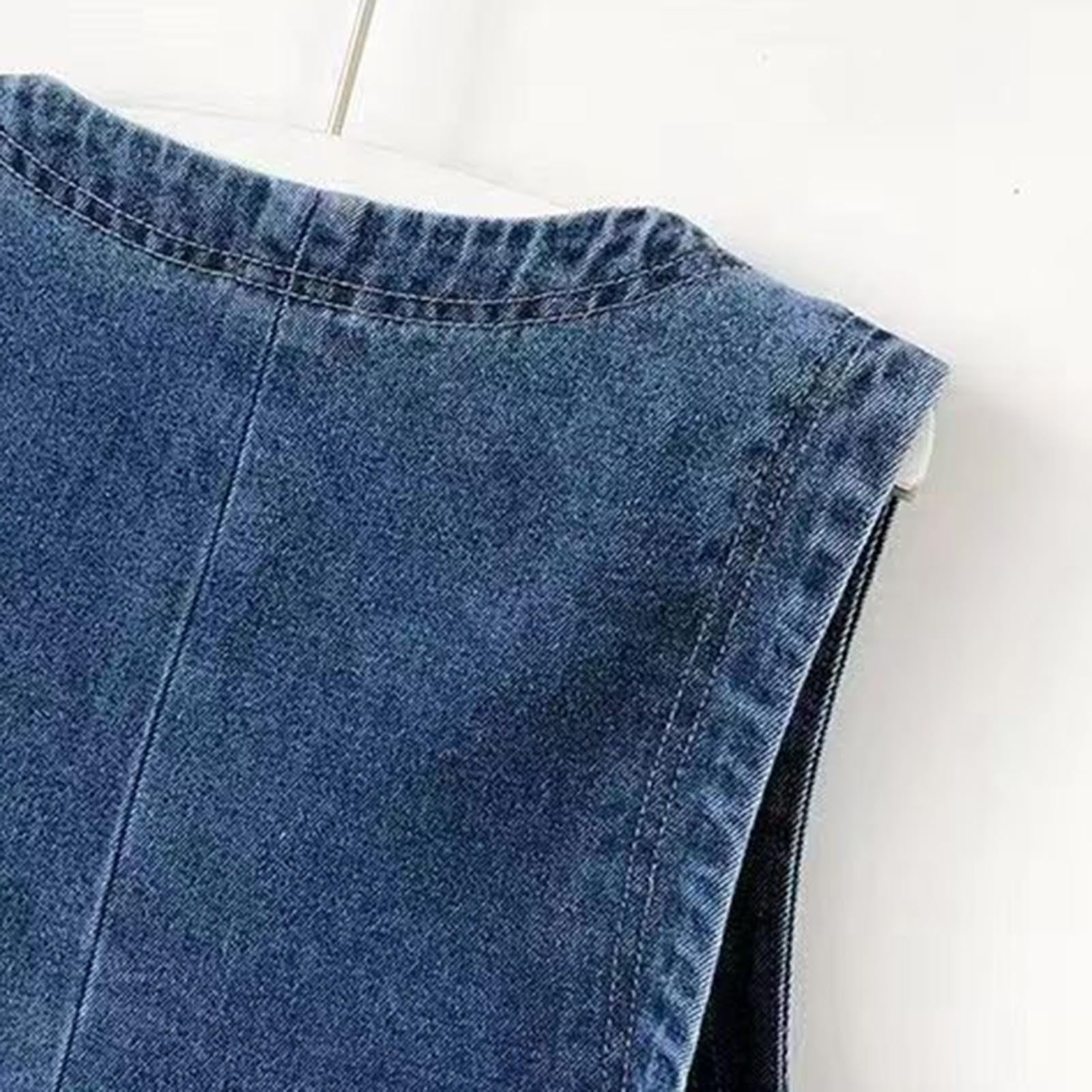 Generisch Gilet en jean pour femme - Sans manches - Grandes tailles - Gilet d'été court - Gilet de motard avec col en V - Gilet de moto avec poches - Gilet de travail vintage - Veste en jean ample