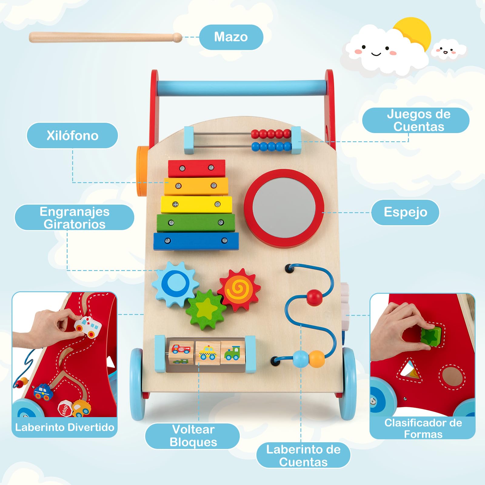 GOPLUS Andador de Madera Montessori con Asa y Almacenamiento