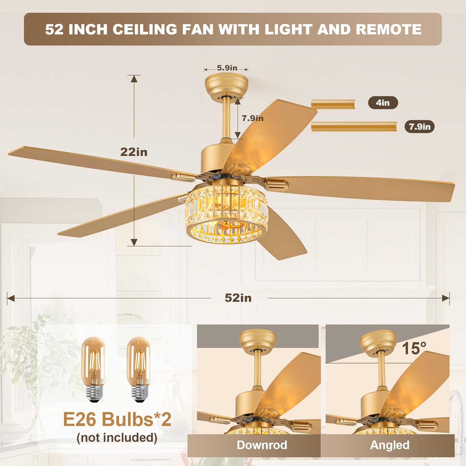 Chandelier Ceiling Fans with Lights and Remote,Caged Ceiling Fan with Light,App 5 Blades E26 Fandelier Ceiling Fans with Lights,Crystal Ceiling Fan for Bedroom,Living Room. (Gold, 52 Inch)