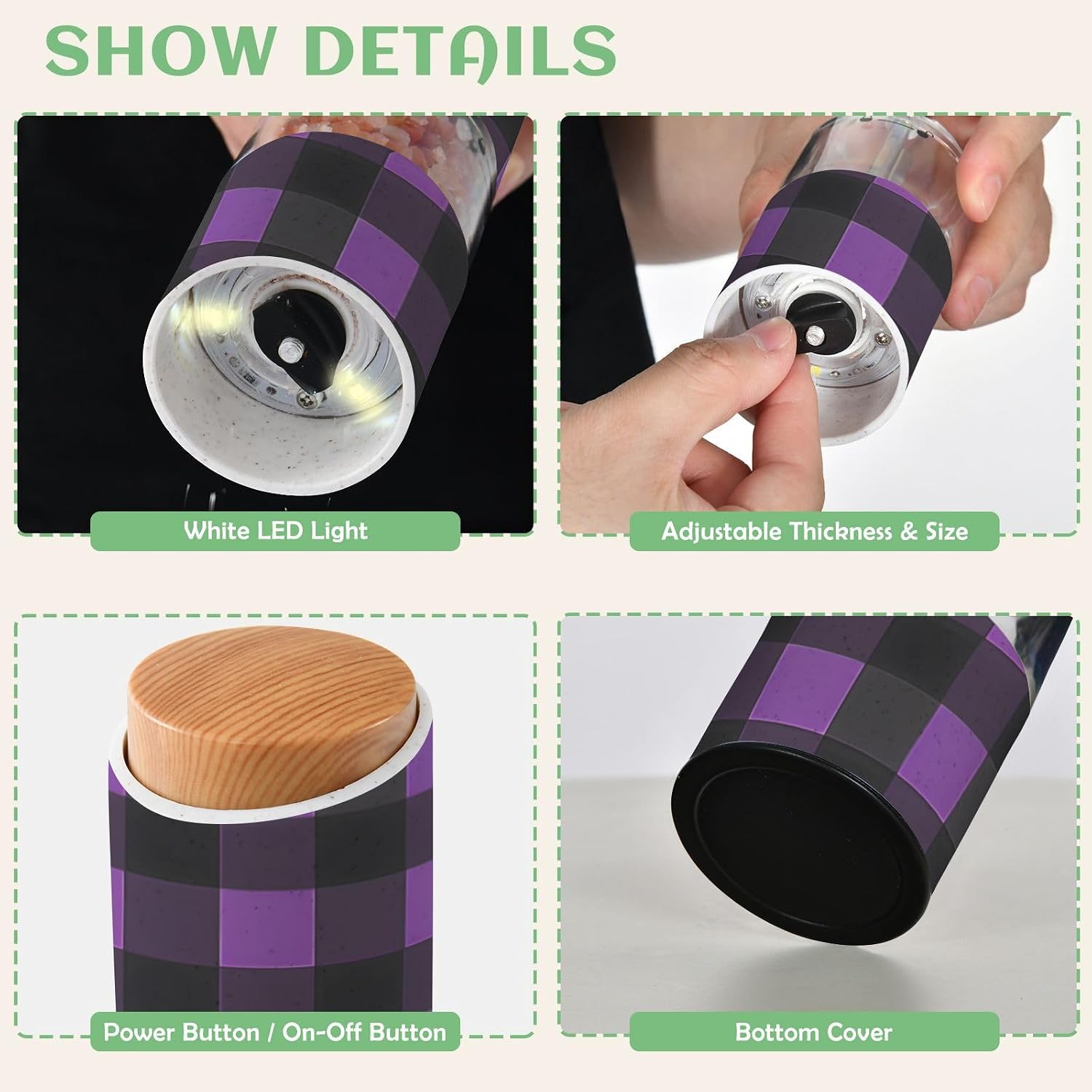 ALAZA Electric Pepper Grinder with Adjustable Coarseness, Purple and Black Checked Battery Automatic Salt and Pepper Mill with Led, One-Handed Operation Spice Grinder for Kitchen, Camping & BBQ