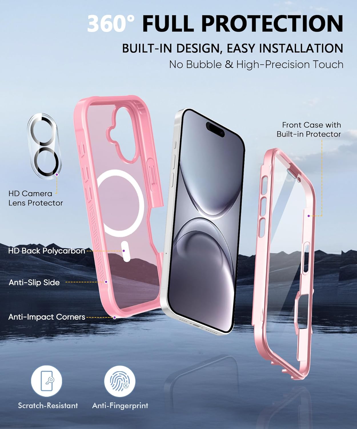 Compatible with iPhone 16 Plus Case, Built-in Screen Protector, with Camera Lens Protector, [Compatible with MagSafe] Matte Back Full Body Phone Case, Protective Cover for 16 Plus 6.7" (Pink) - Image 6