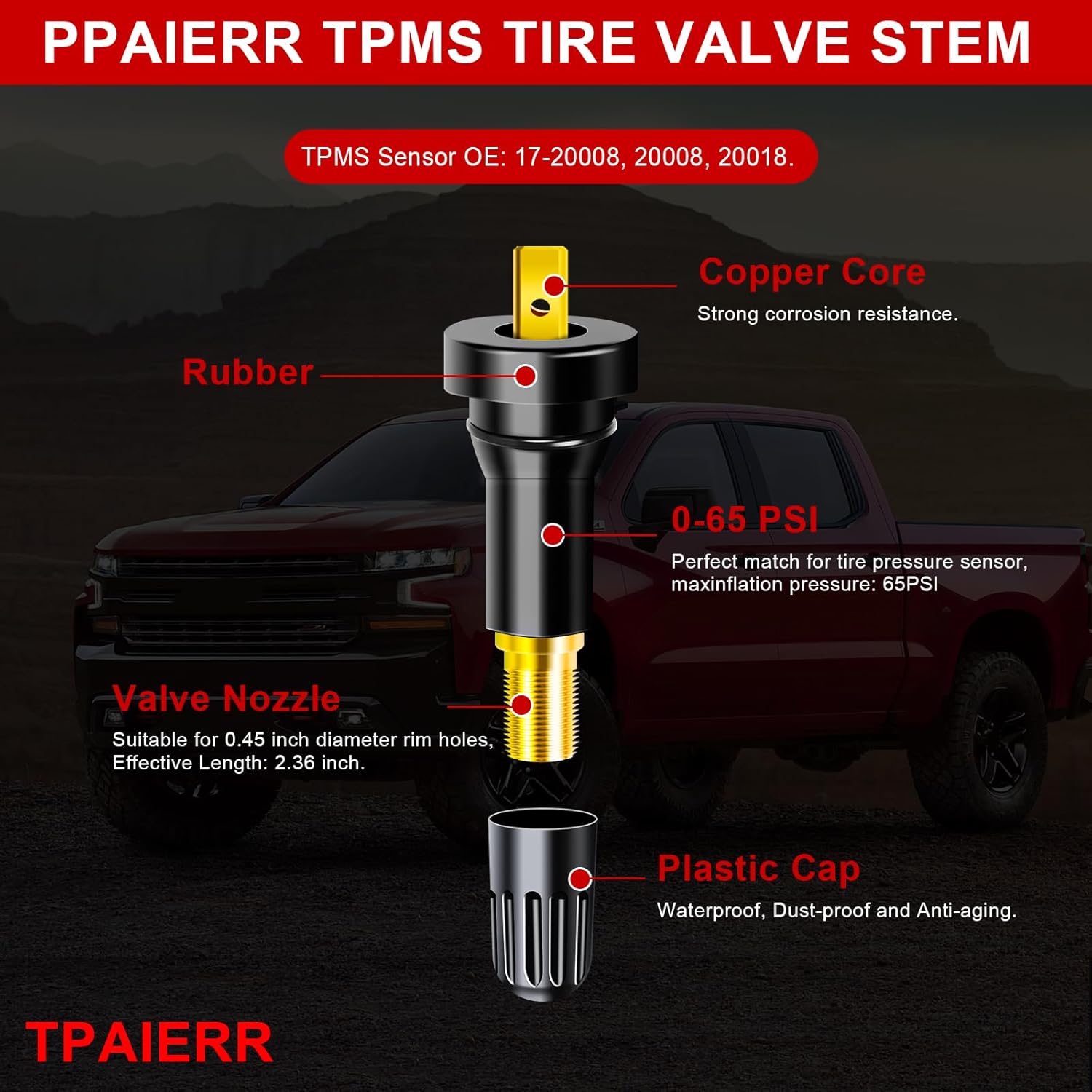 100Pcs 17-20008 TPMS Valve Stem, OE 20008 Rubber Snap-in Vehicle Tire Pressure Sensor Valves Stems Cap Compatible with Ford/Chevrolet/Chevy/Chrysler/Dodge/Buick Ram/Cadillac/Subaru/Lincoln