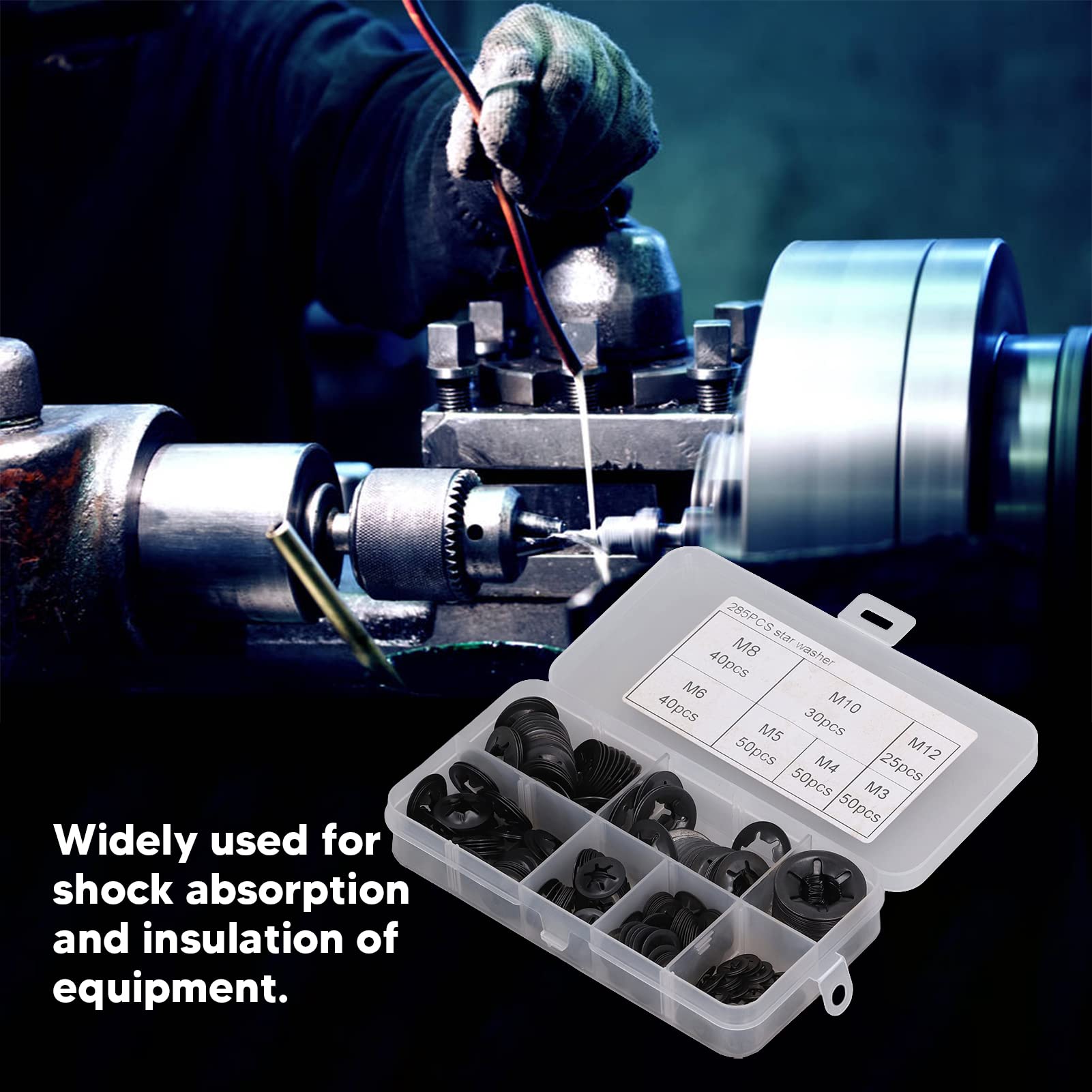 FLEXMAN 285Pcs Internal Tooth Washers, 7 Size Quick Speed Locking Washers, M3 M4 M5 M6 M8 M10 M12 Clip Washer Set for Shock Absorption and Insulation