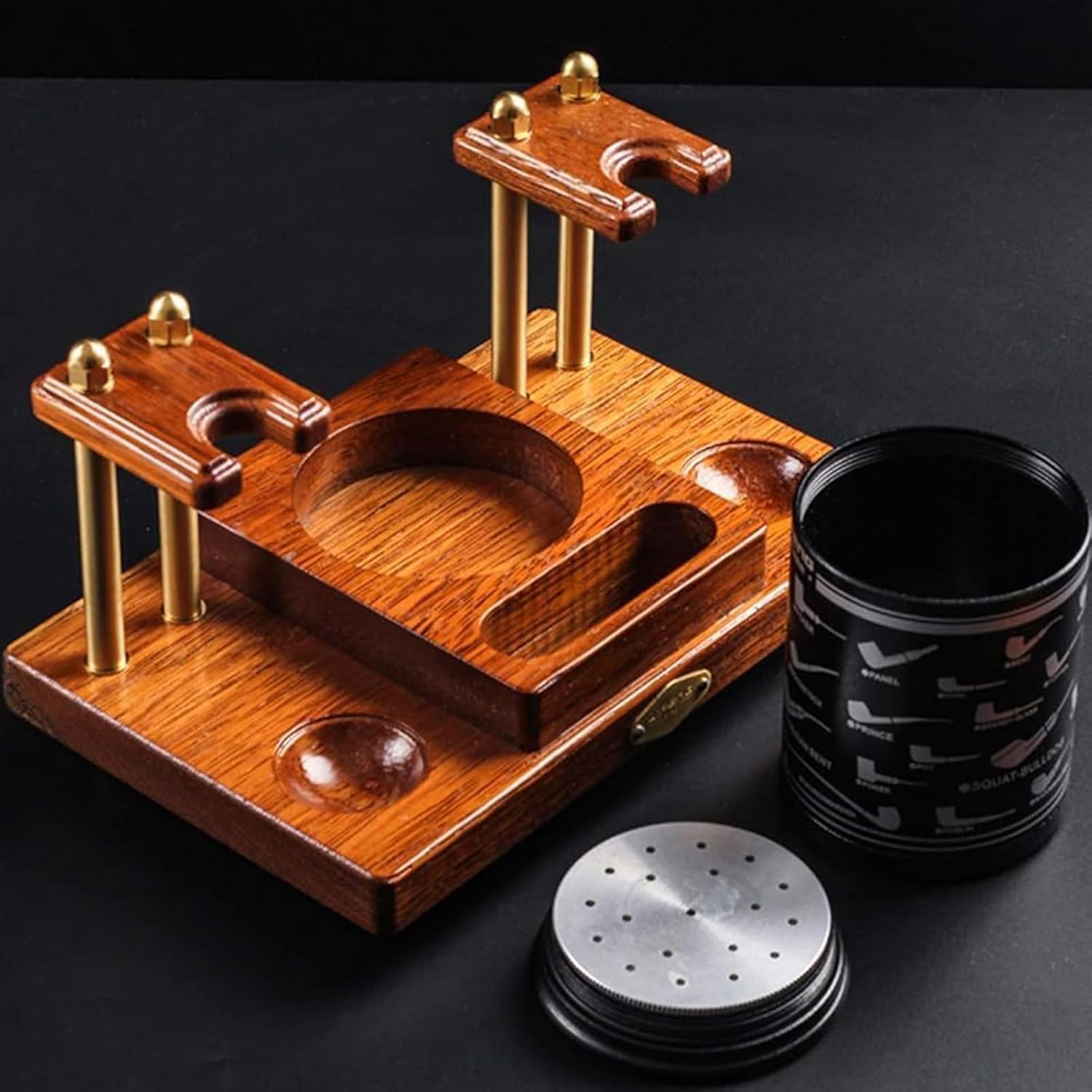 Wooden Tobacco Pipe Stand with Tobacco Jar - Smoking Pipe Accessories for 2 Pipes, Perfect Men's Gift & Cigar Storage Solution, Durable & Stylish Design