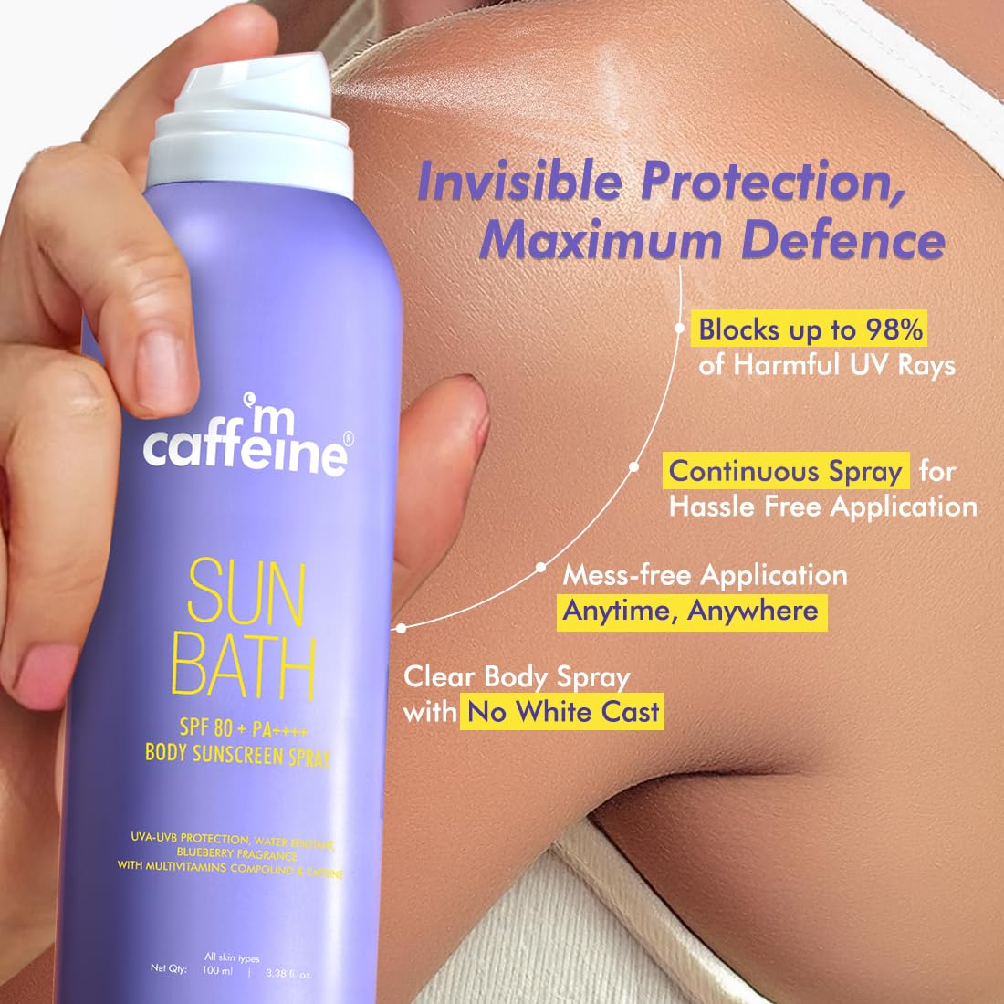 mCaffeine Sun Bath SPF 80+ PA ++++ Body Sunscreen Spray | High UV Protection | Invisible, Non-Greasy, 180 Mins Water/Sweat Resistant Cooling Spray| For All Skin Types | Blueberry Fragrance -100ml 4