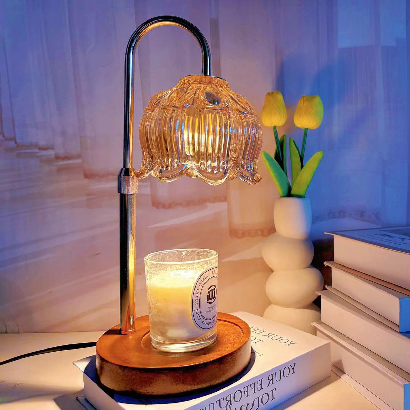 Lámpara de Vela Flor Regulable con Temporizador - Calentadora de Cera sin Llama de Altura Ajustable para Decoración