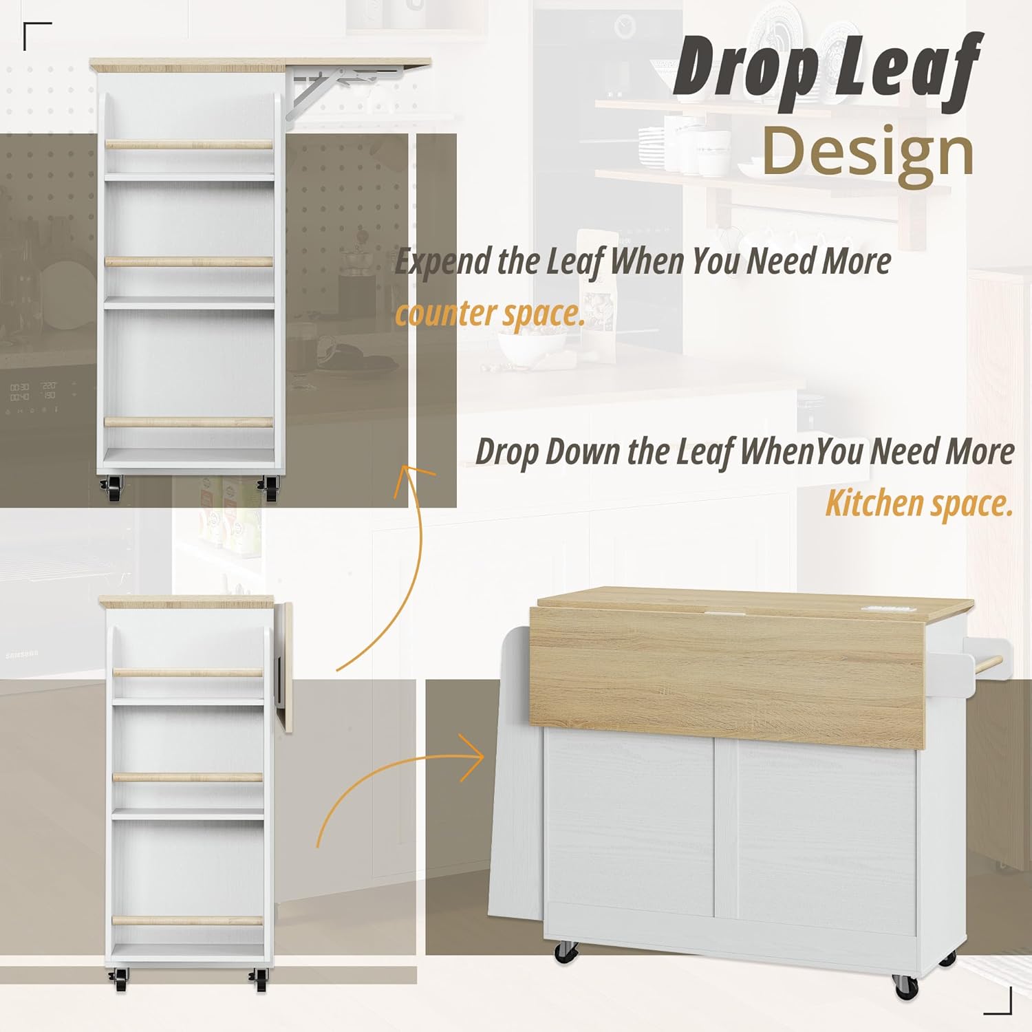 IRONCK Rolling Kitchen Island Table with Drop Leaf, Mobile Kitchen Cart with on Wheels, Storage Cabinet, Drawer, Spice Towel Rack, White