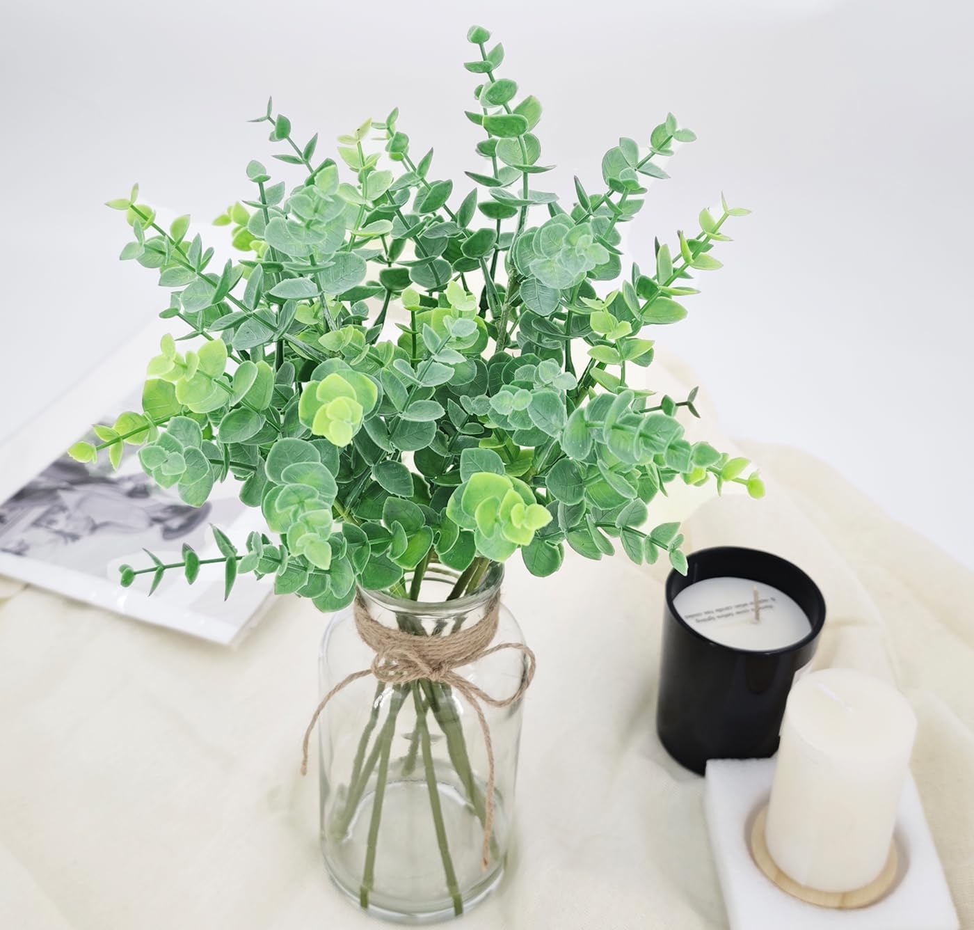 Fake Eucalyptus Stems in Glass Vase with Faux Water, 14" Artificial Plants Eucalyptus Leaves for Shelf Desk Bathroom Farmhouse Room Coffee Table Home Decor (Sage Green) - Image 6