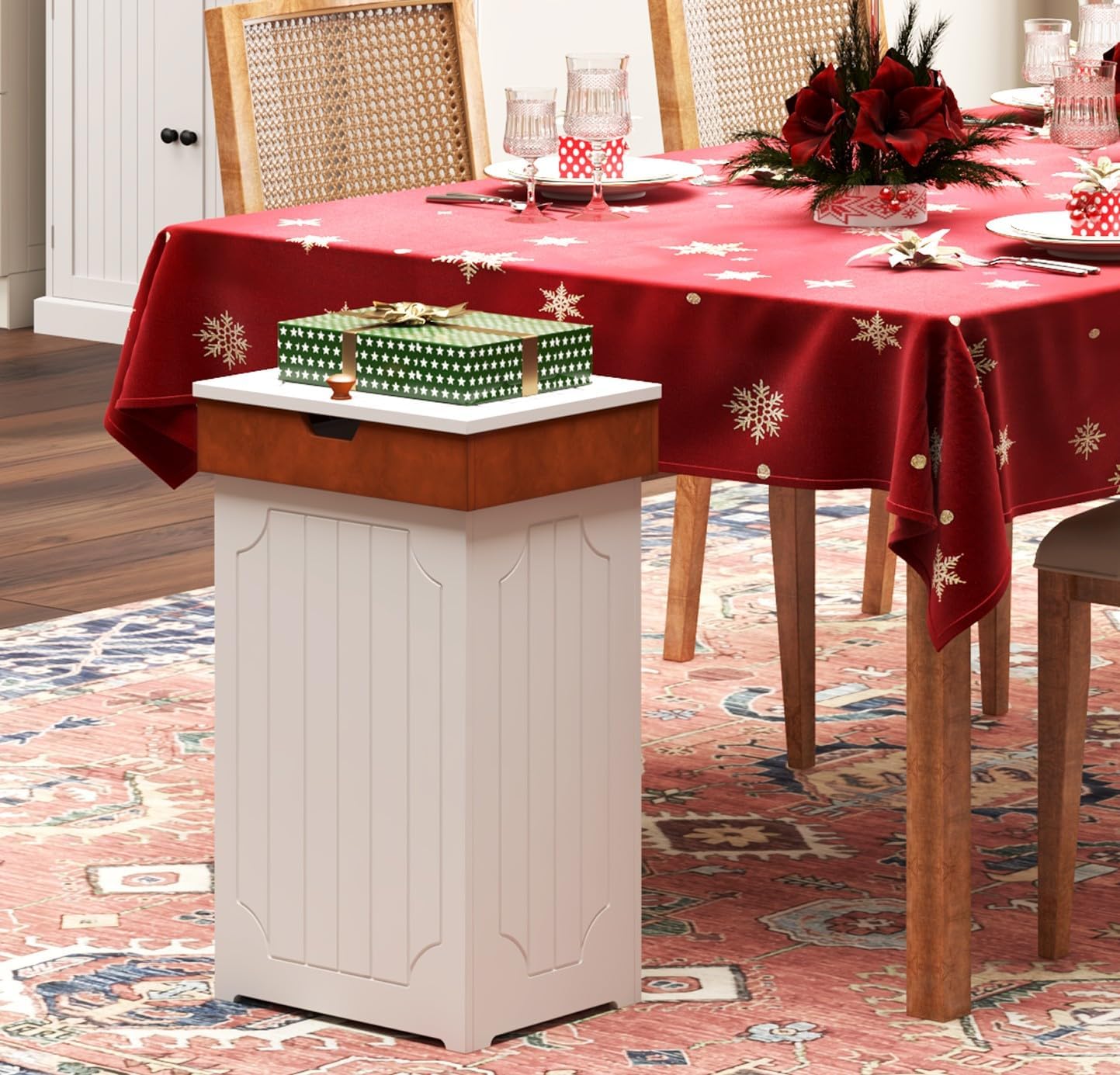 Function Home Trash Can Cabinet, 13 Gallon Kitchen Garbage Can, Wooden Recycling Trash Bin, Dog Proof Trash Can, Trash Cabinet with Lid for Home Kitchen Bathroom, White