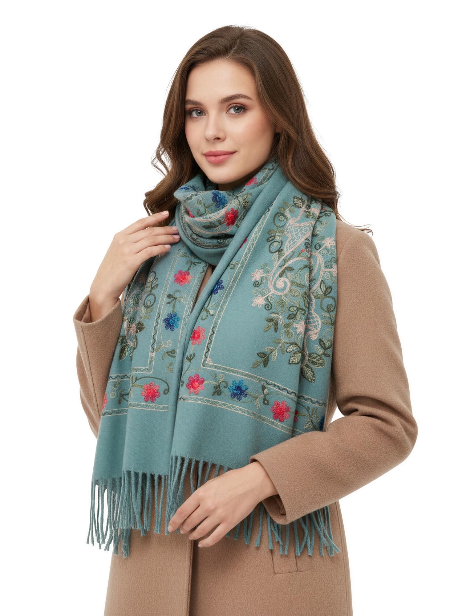 Women Pashmina Scarf Shawl Wrap, Large Long Paisley Floral Rainbow Ladies Scarves, Wearable Winter Blanket Scarfs, Indian Shawl Wedding Evening Stole, Cashmere & Cotton (Pastel Green Rainbow Floral)