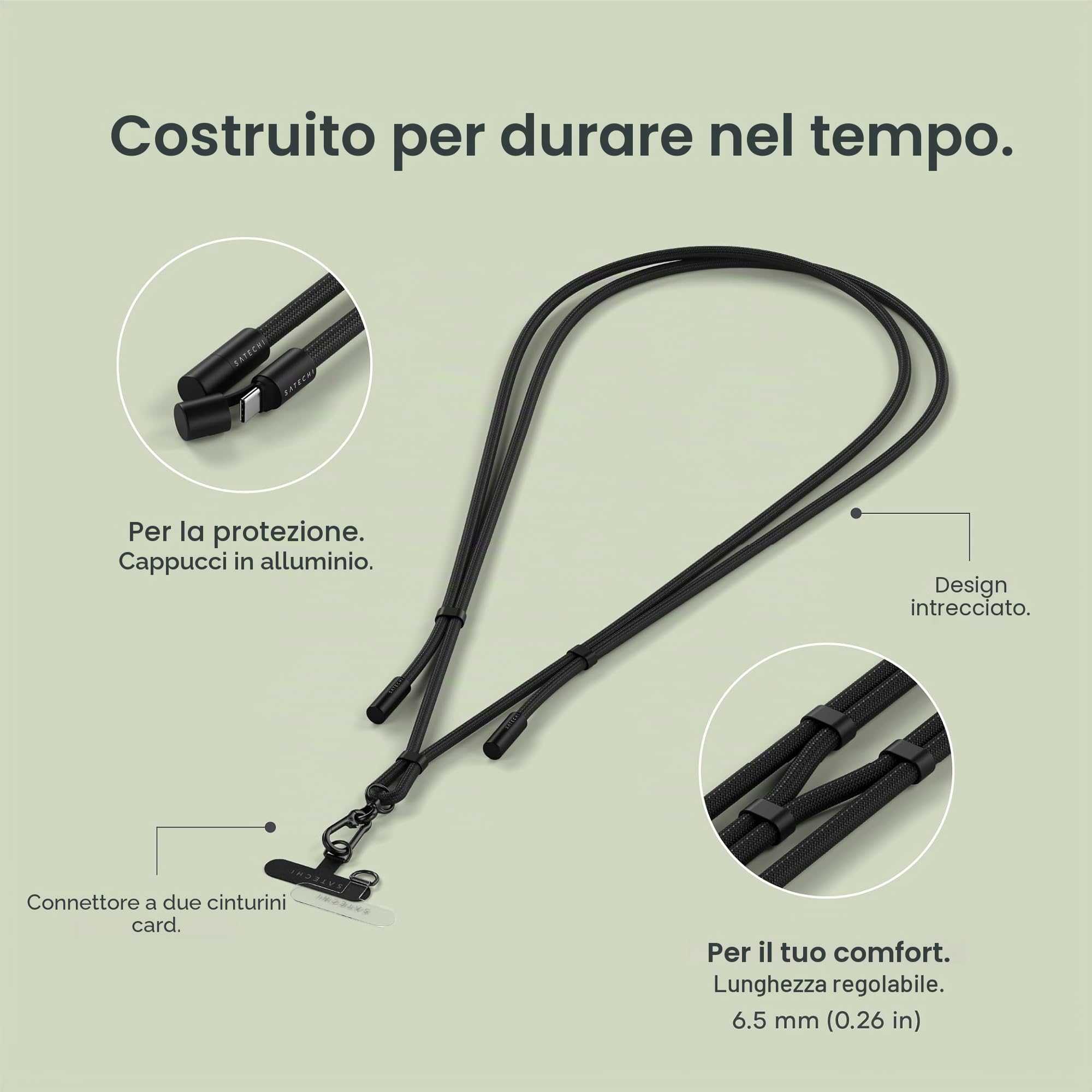 Satechi OntheGo™ Cordino per Smartphone USB C con Ricarica Rapida 60W, Dati 480 Mbps, Laccio Regolabile 1,5 m con Cavo Intrecciato per iPhone 17 16 15, Galaxy, Android – Nero