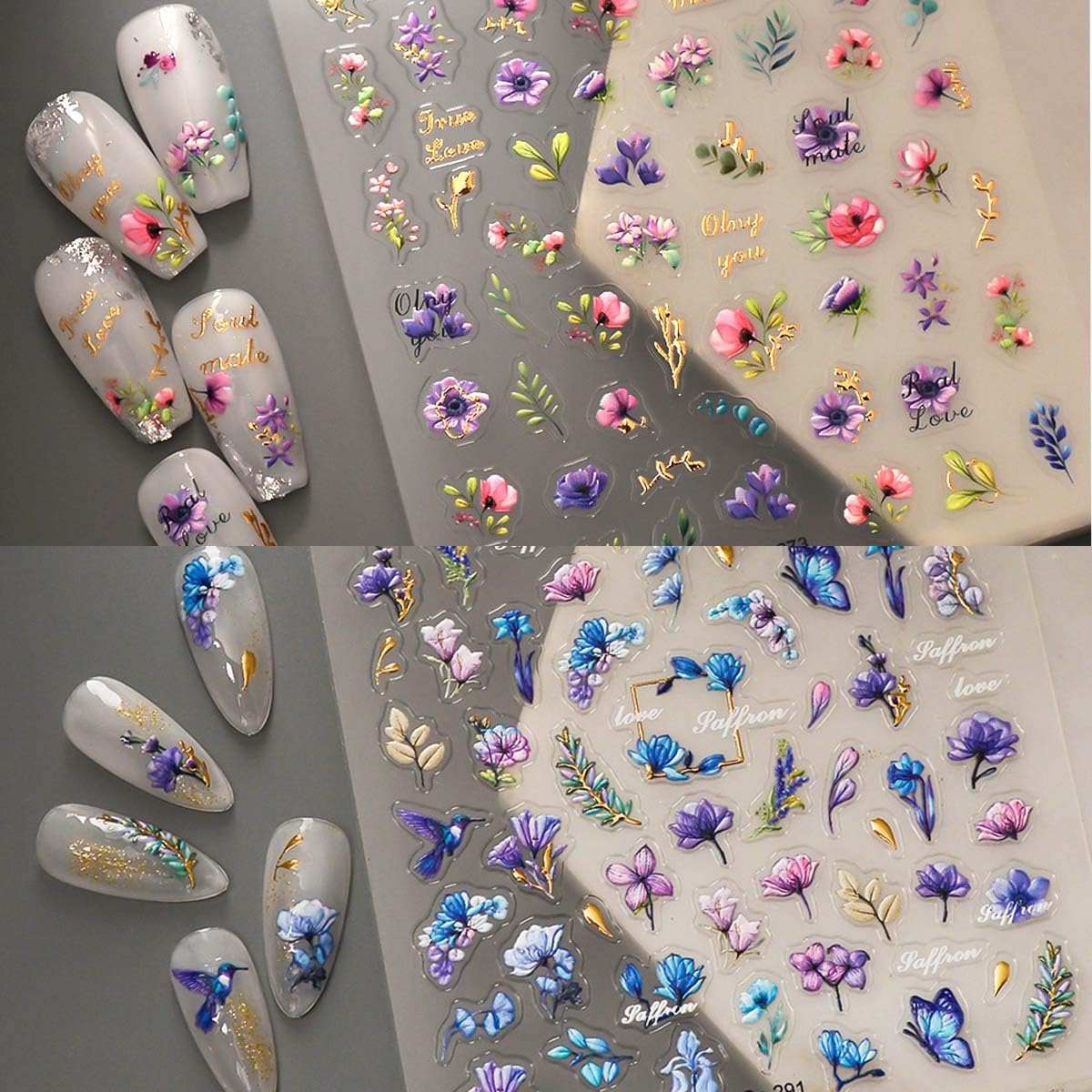 Calcomanías de arte de uñas de flores 5D en relieve floral de primavera con calcomanías de hojas doradas para diseños de uñas, sum