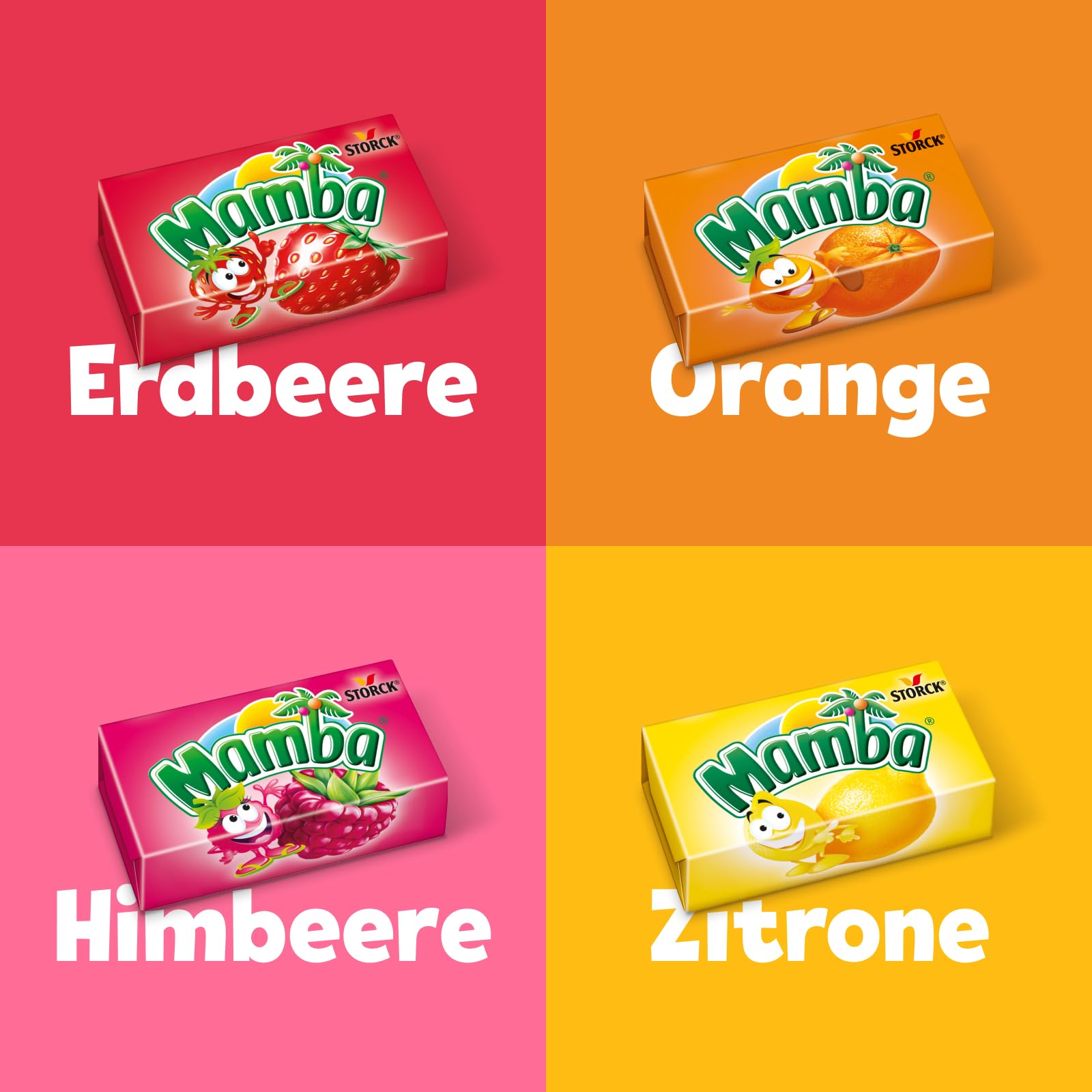 Mamba – 24 x 106g (4er Stange) – Leckere Kaubonbons mit Fruchtgeschmack in vier verschiedenen Sorten – Süßigkeiten Mix